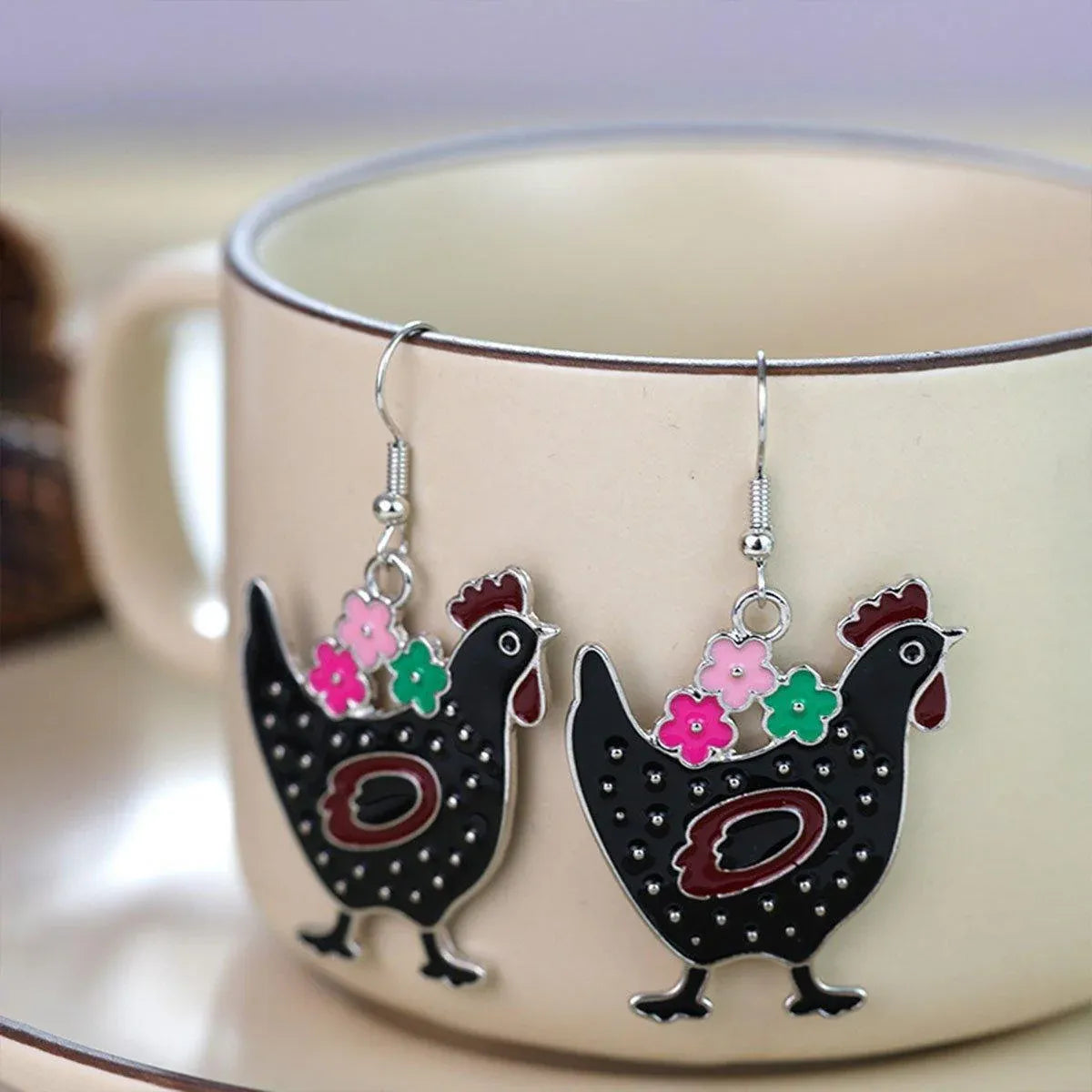 Cute Cartoon Earrings Funny Jewelry Gift for Girls Perfect for Birthdays Parties - Black rooster