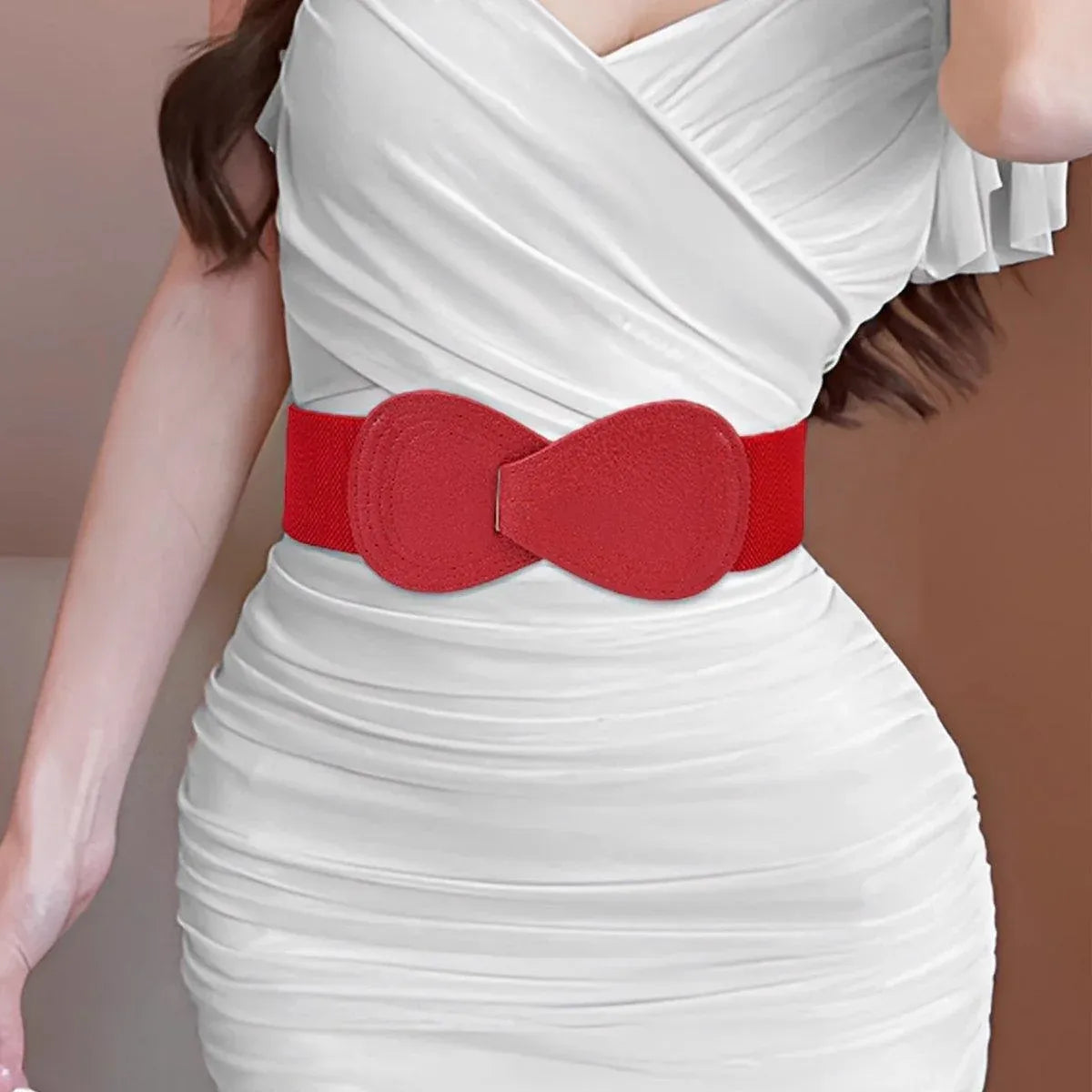 Fashion Belt Red Elastic Waist Cover Wide Belt Women Black Elastic Bow Decoration - Red