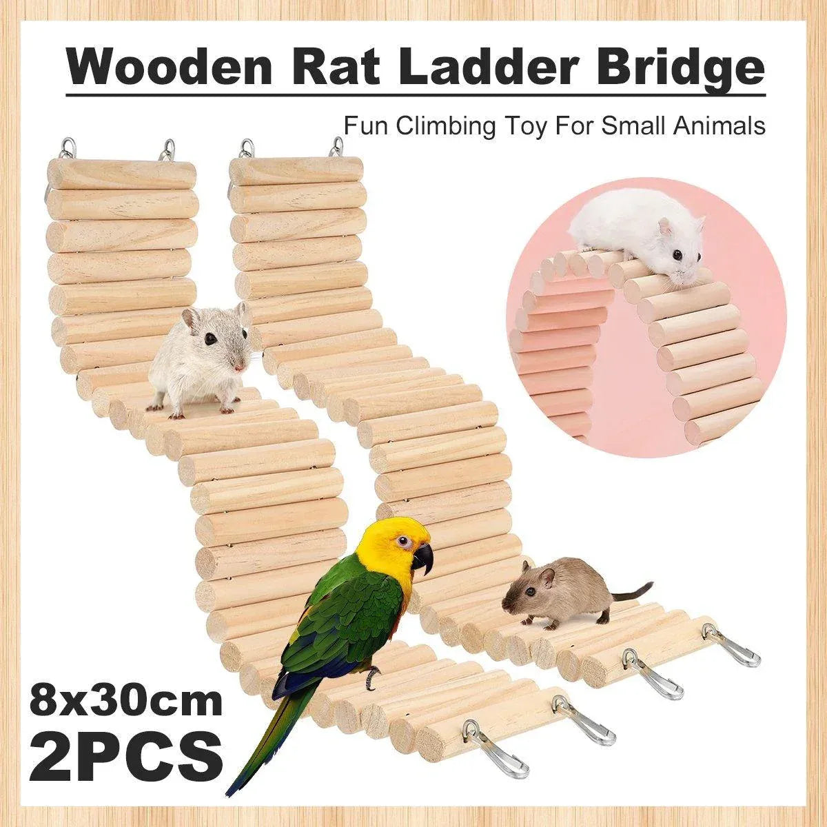 Wooden Hamster & Small Pet Climbing Bridges, 2-Pack - 30 × 8 cm Each