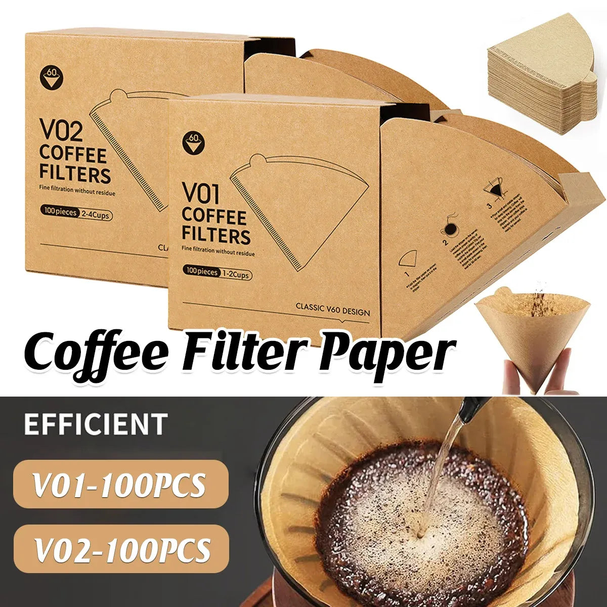 100-Pack V02 Cone Coffee Filter Papers for Pour-Over Brewing