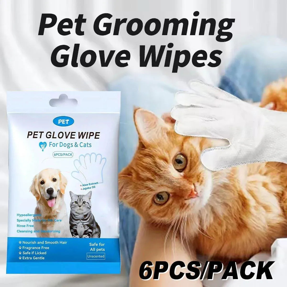 Pet Cleaning Wipe Gloves with Tea Tree Oil, 6-Pack - White, 25 × 23 cm