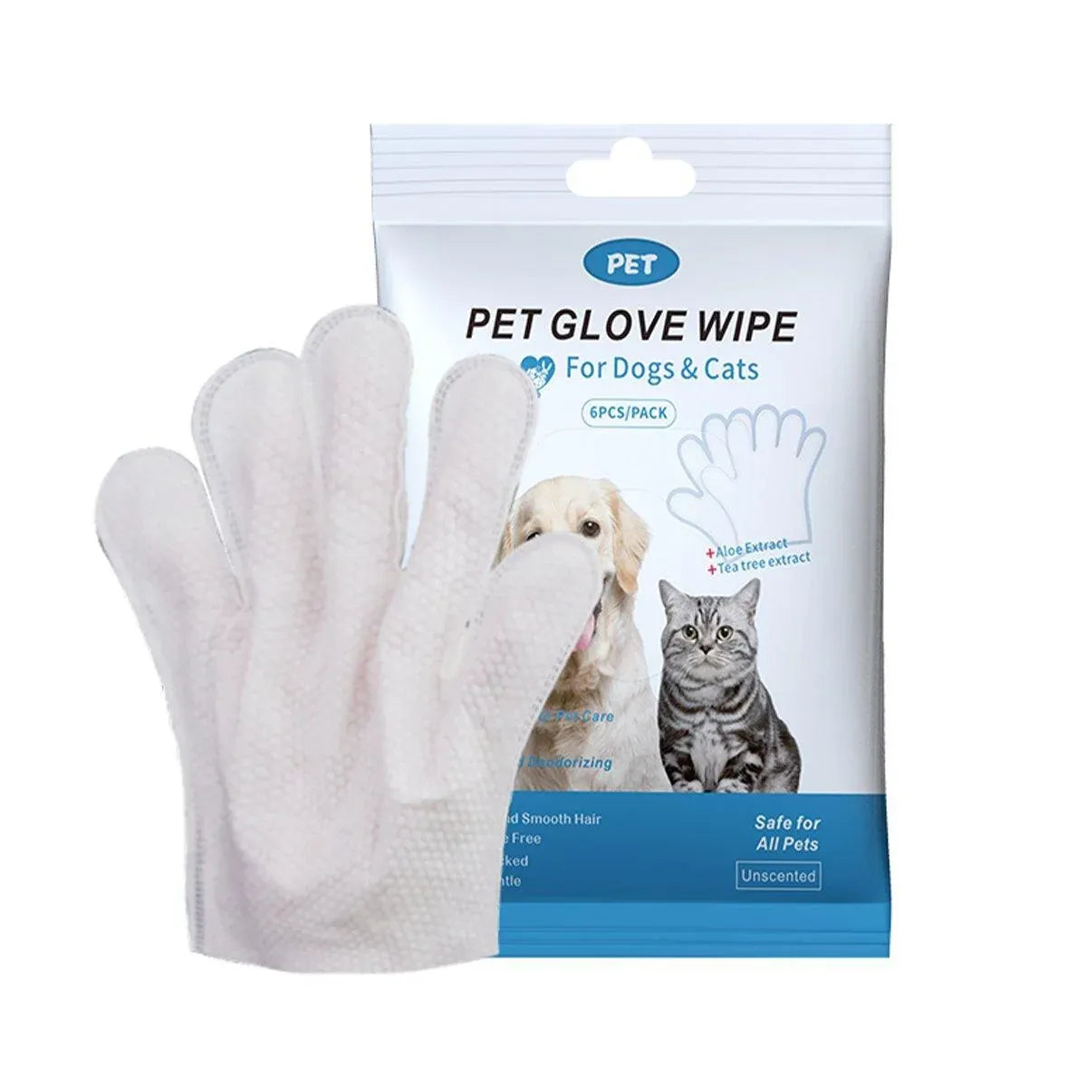Pet Cleaning Wipe Gloves with Tea Tree Oil, 6-Pack - White, 25 × 23 cm