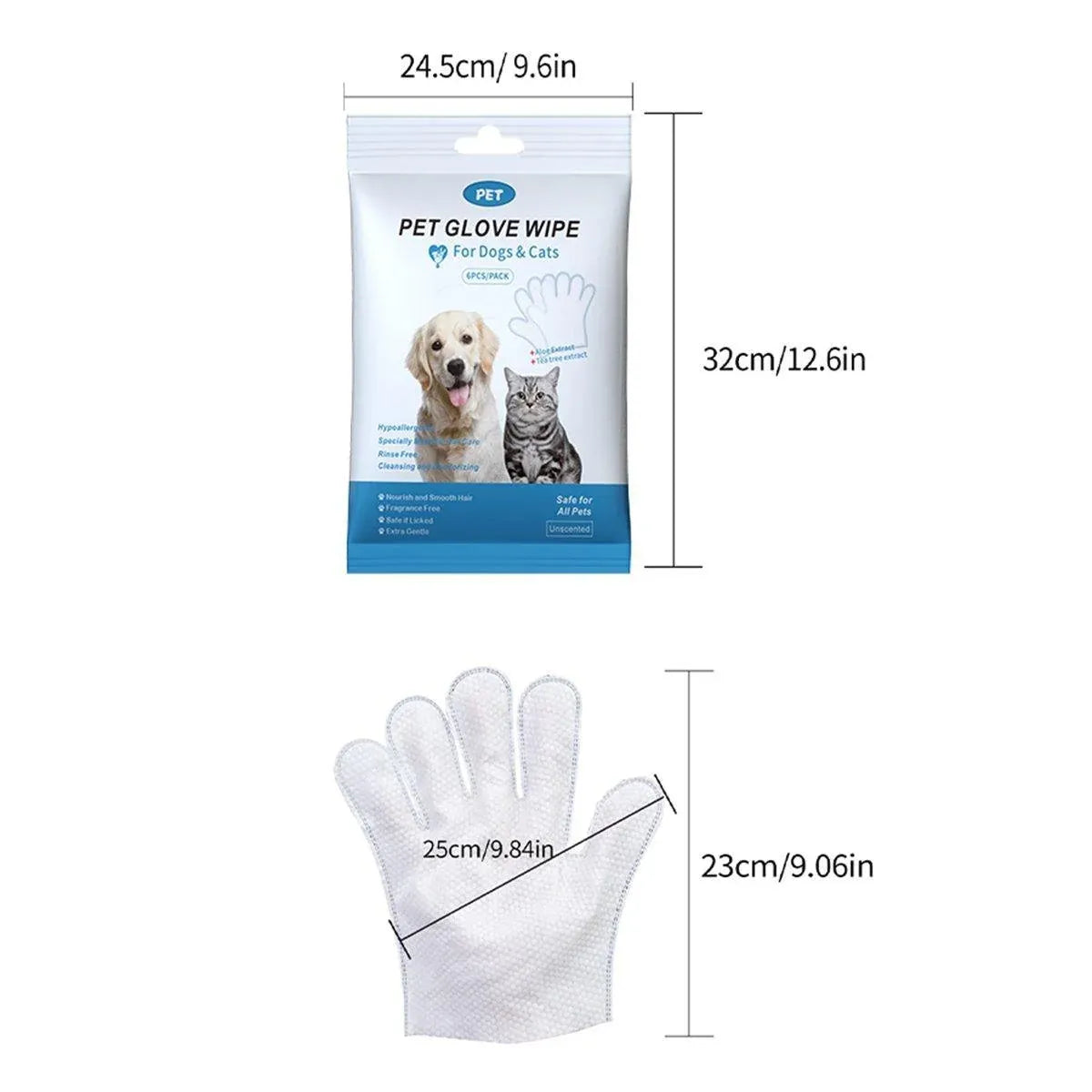 Pet Cleaning Wipe Gloves with Tea Tree Oil, 6-Pack - White, 25 × 23 cm