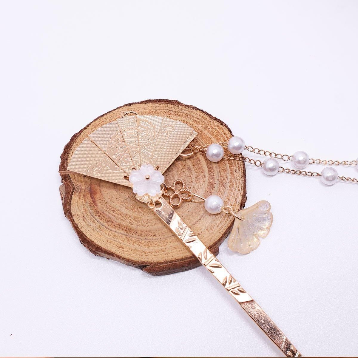 Chinese Style Hanfu Hairpin Folding Fan Fringe Headdress Accessories