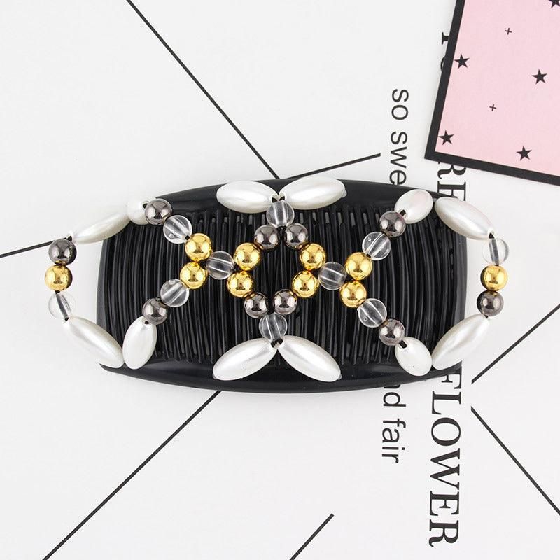 Beaded Stretchy Easy Magic Hair Comb Elastic Double Hair Clip Hair Accessories - Gold
