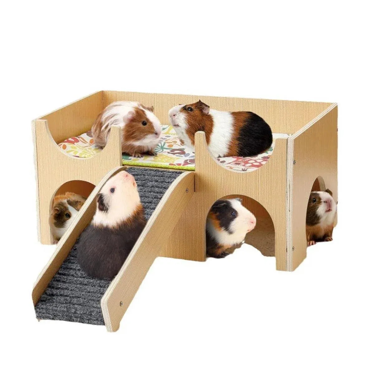 Natural-Finish Small Pet House with Ramp & Mats - Single