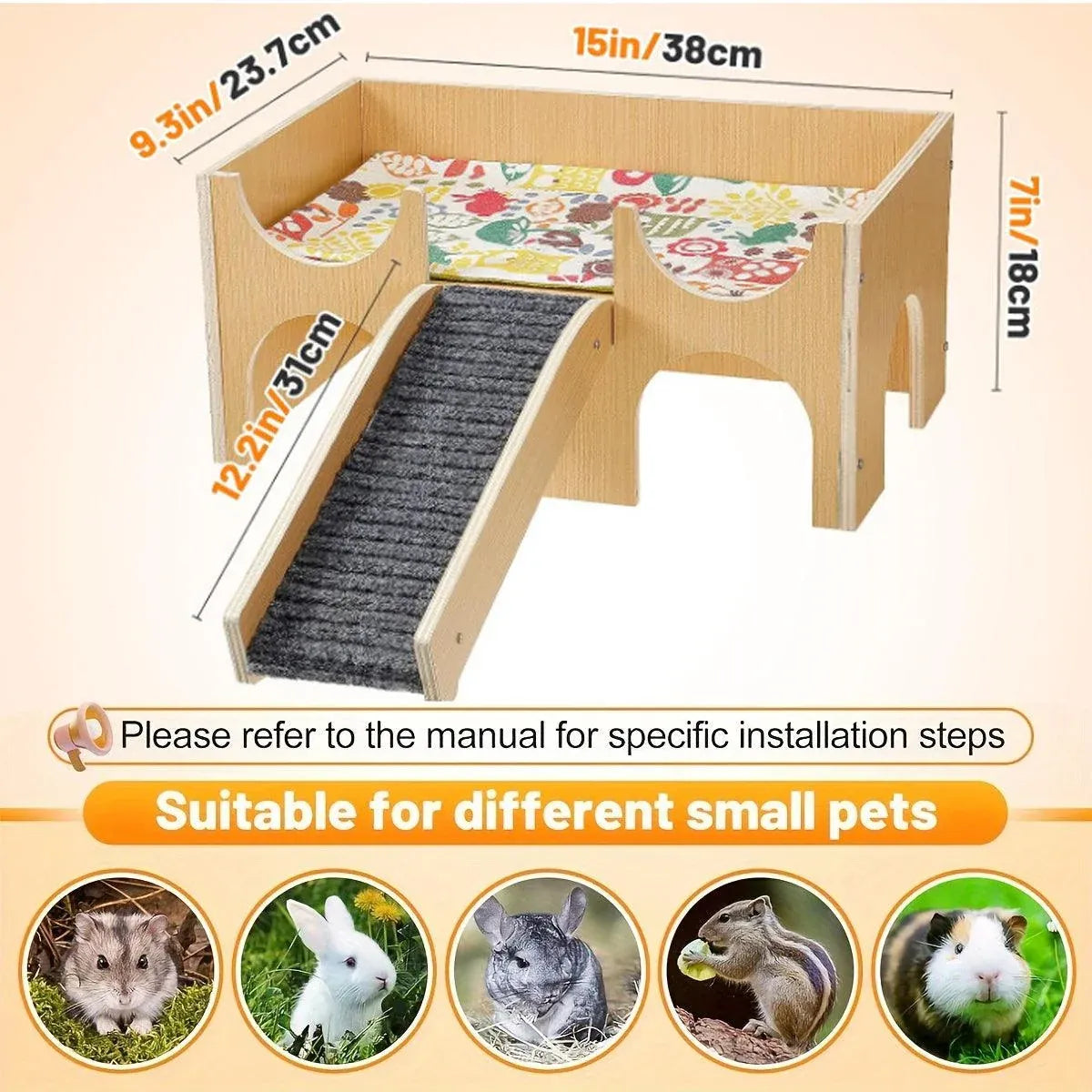 Natural-Finish Small Pet House with Ramp & Mats - Single