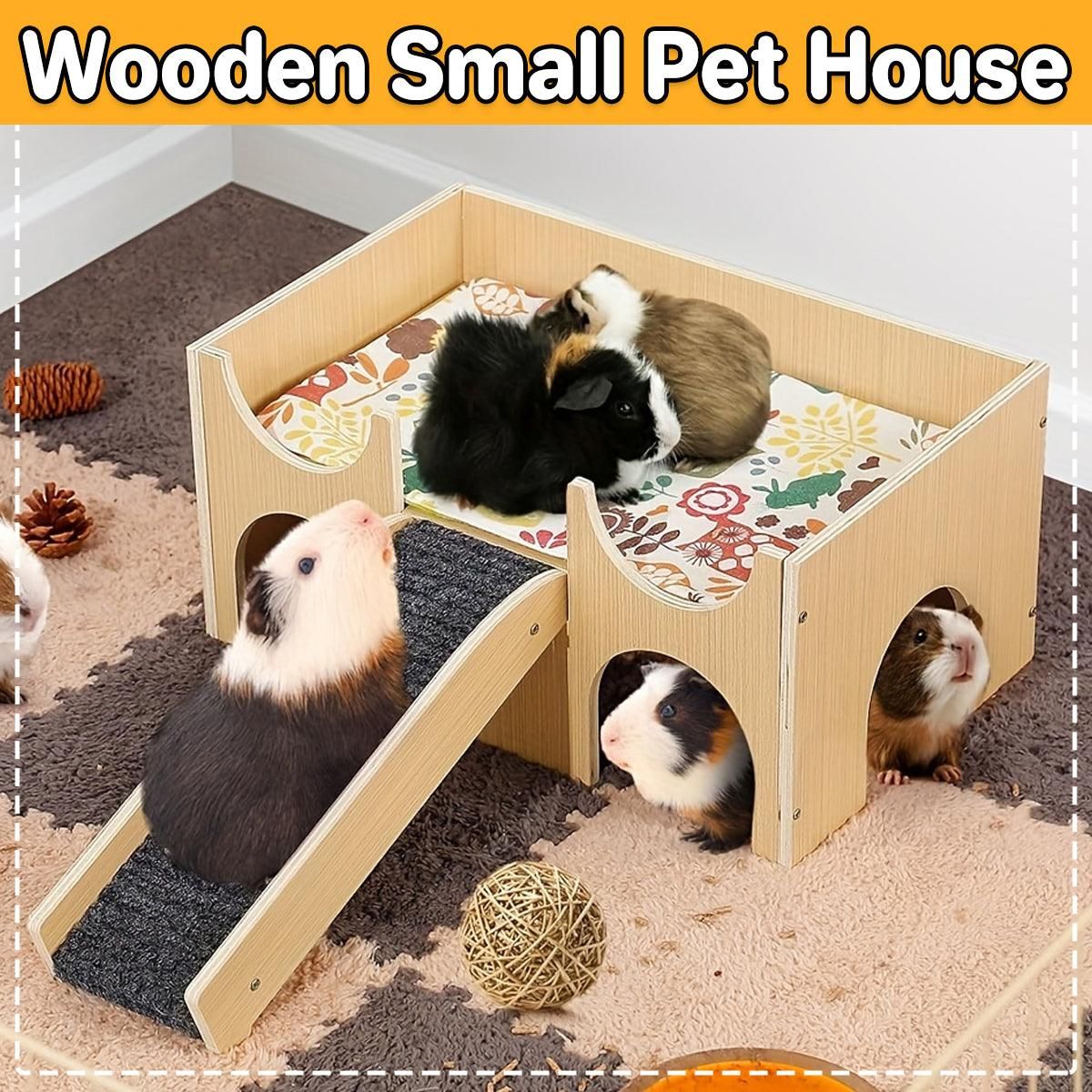 Natural-Finish Small Pet House with Ramp & Mats - Single