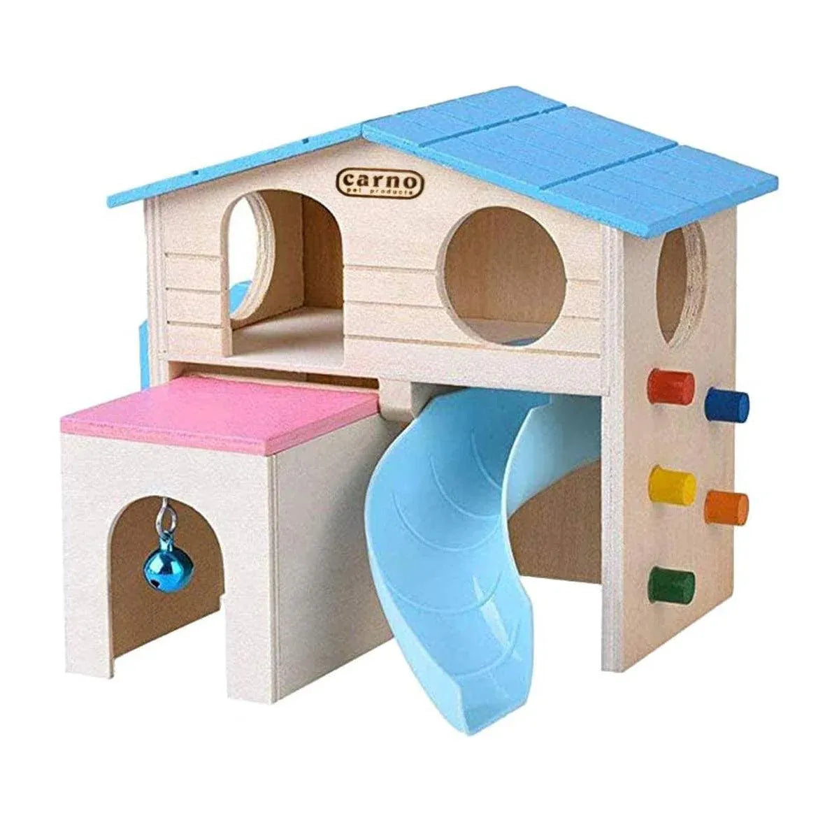 Wooden Small Animal Hideaway House with Slide, Blue, 17.2 × 15.8 × 16.2 cm