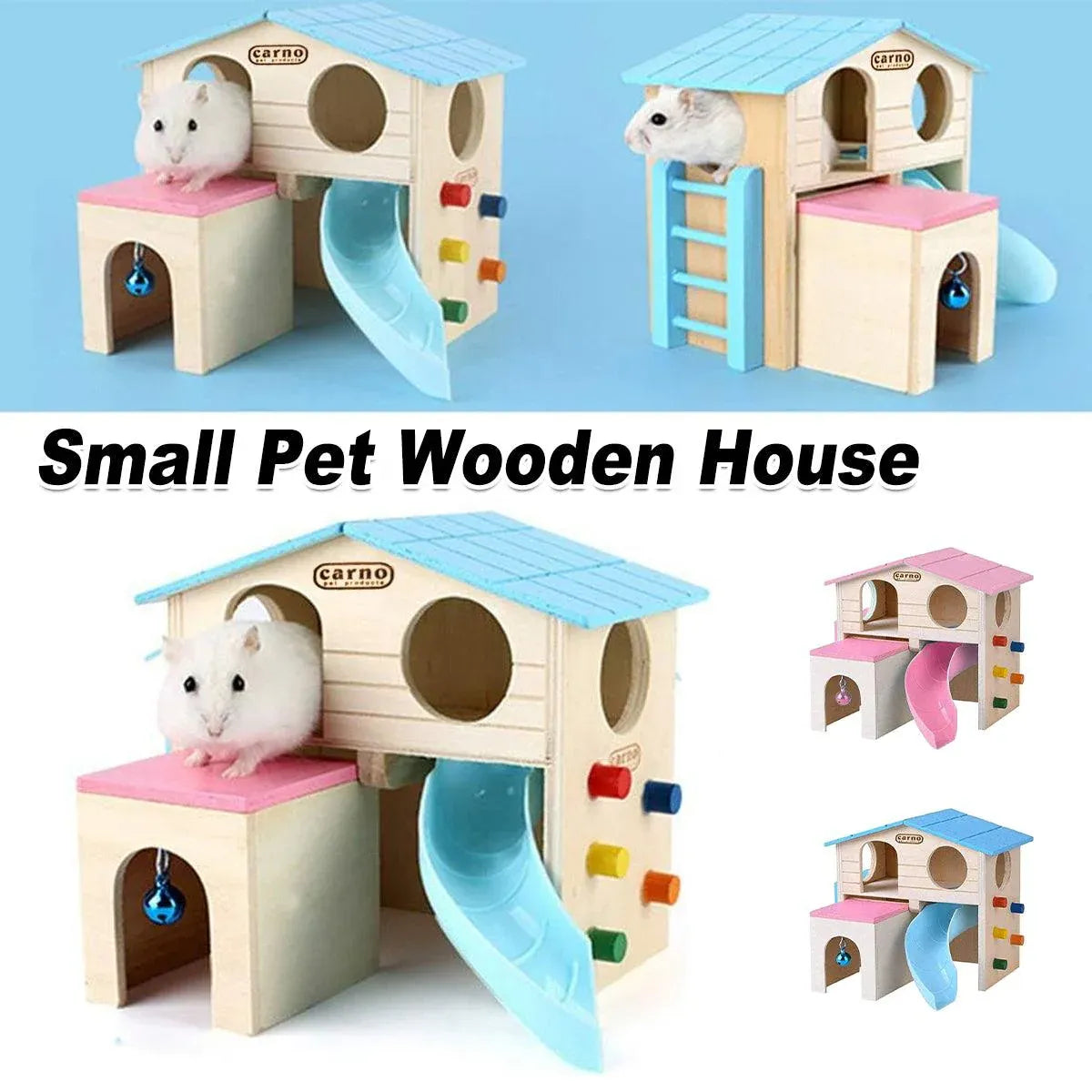 Wooden Small Animal Hideaway House with Slide, Blue, 17.2 × 15.8 × 16.2 cm