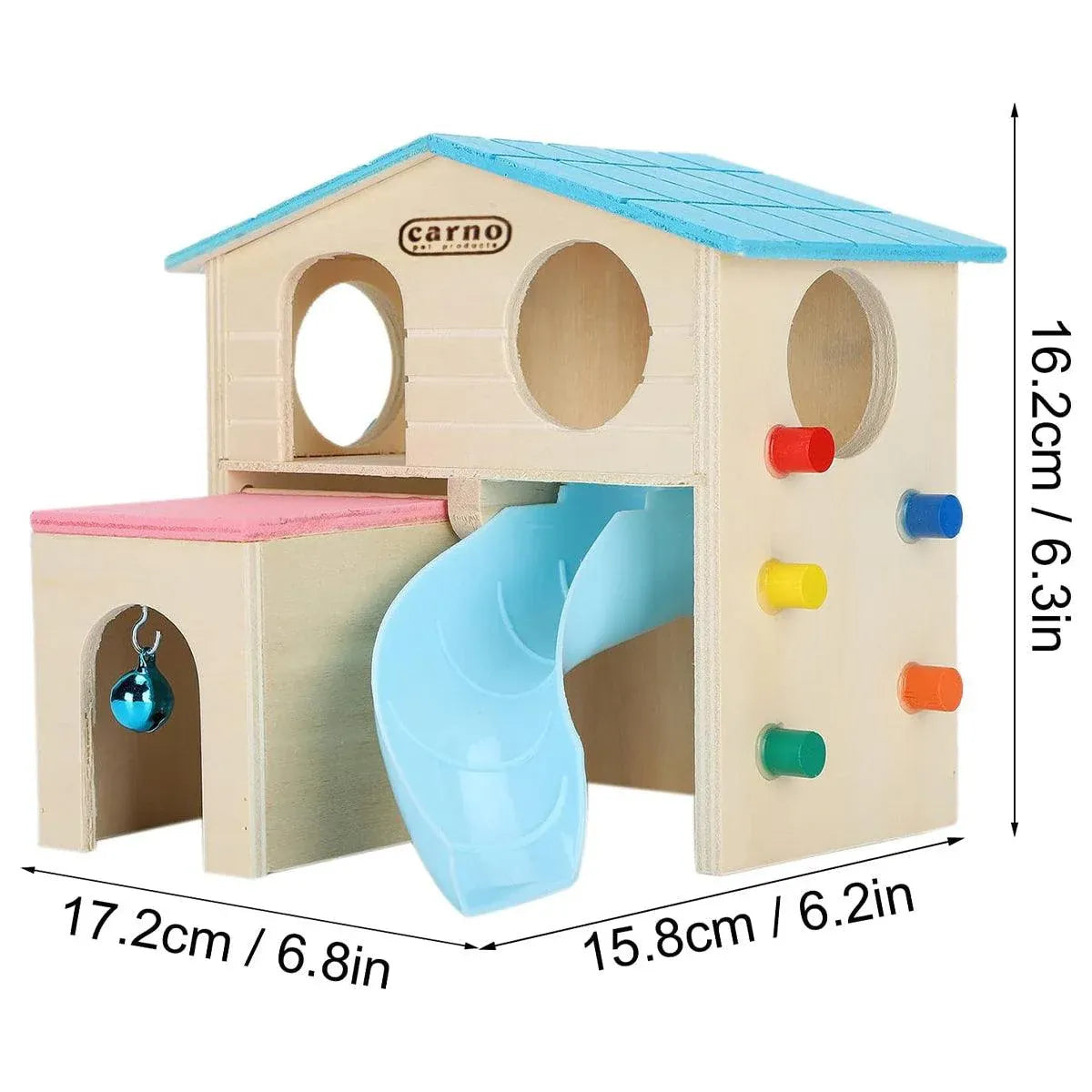 Wooden Small Animal Hideaway House with Slide, Blue, 17.2 × 15.8 × 16.2 cm