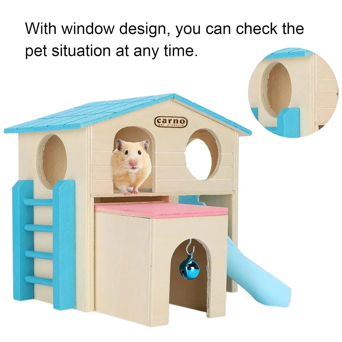 Wooden Small Animal Hideaway House with Slide, Blue, 17.2 × 15.8 × 16.2 cm