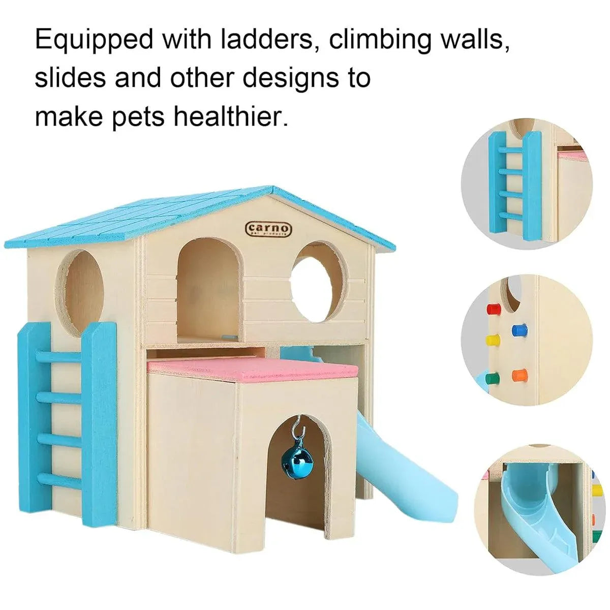 Wooden Small Animal Hideaway House with Slide, Blue, 17.2 × 15.8 × 16.2 cm