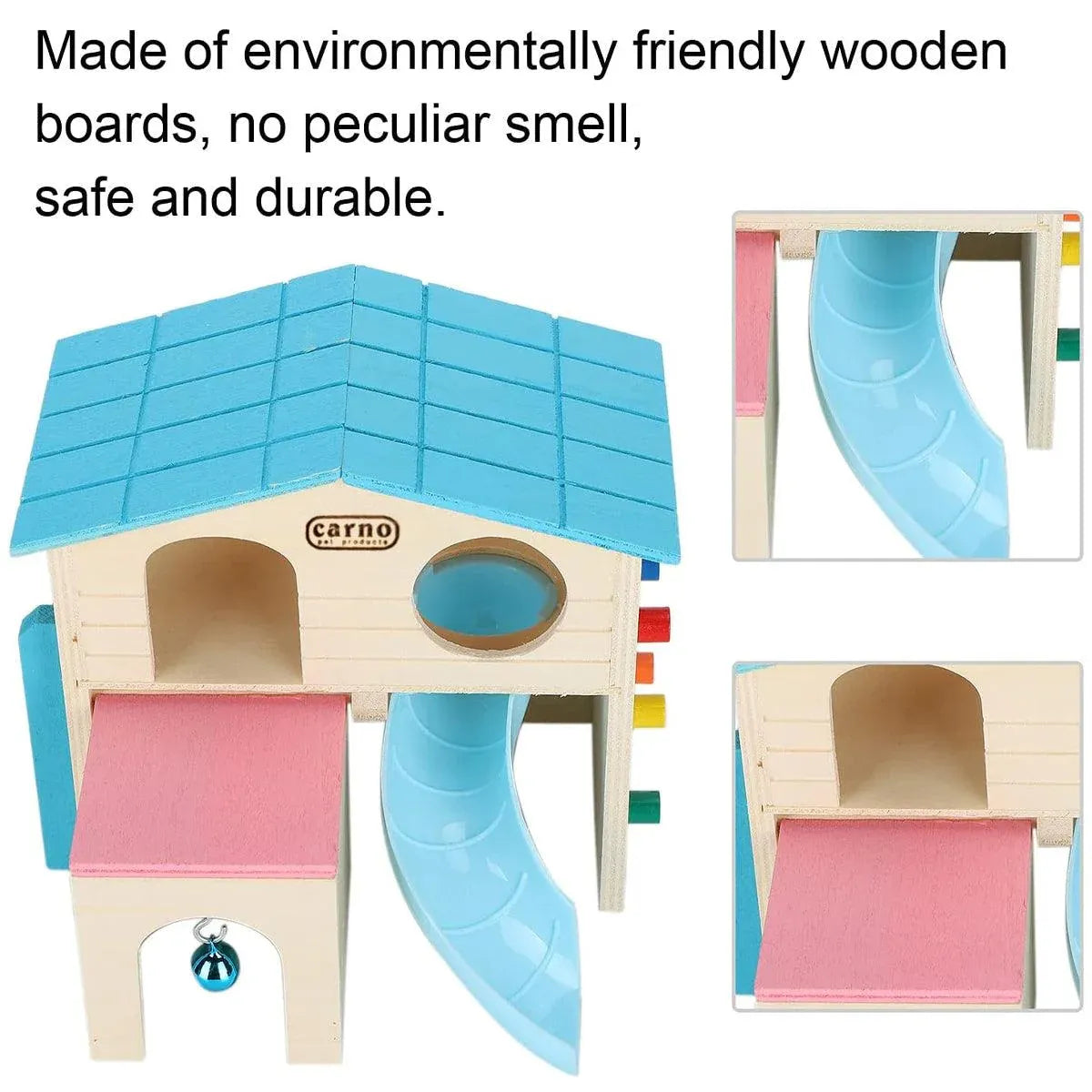 Wooden Small Animal Hideaway House with Slide, Blue, 17.2 × 15.8 × 16.2 cm