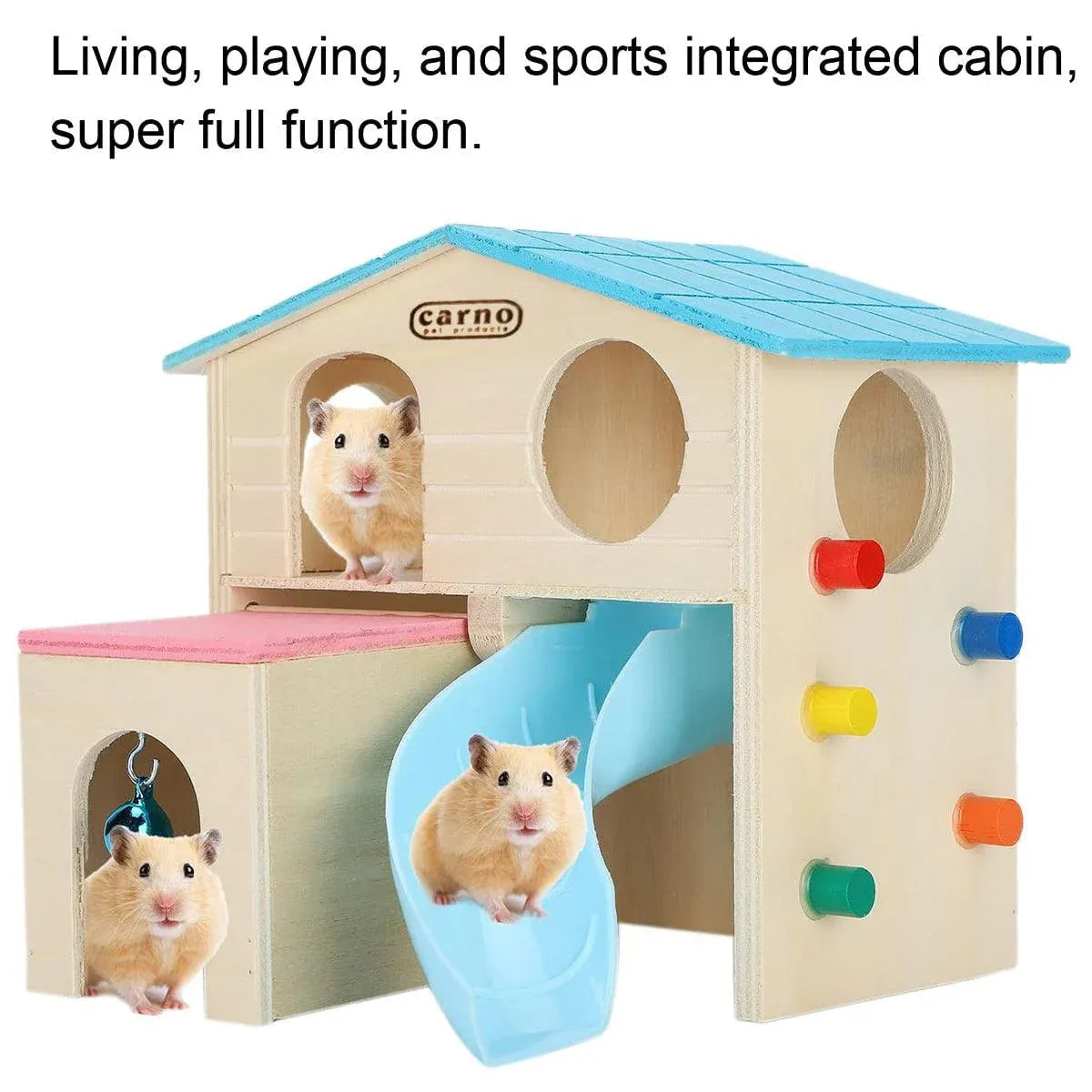 Wooden Small Animal Hideaway House with Slide, Blue, 17.2 × 15.8 × 16.2 cm