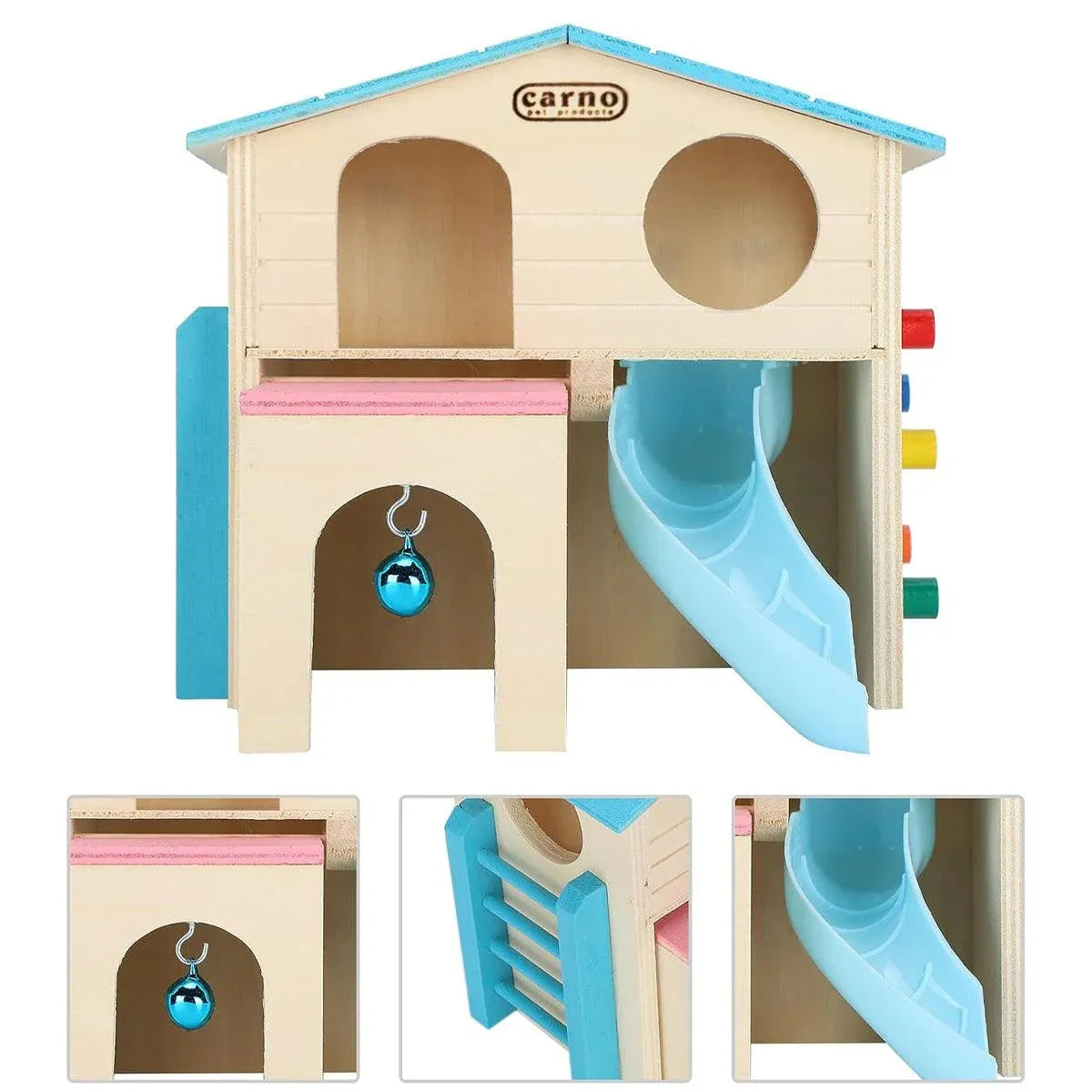 Wooden Small Animal Hideaway House with Slide, Blue, 17.2 × 15.8 × 16.2 cm