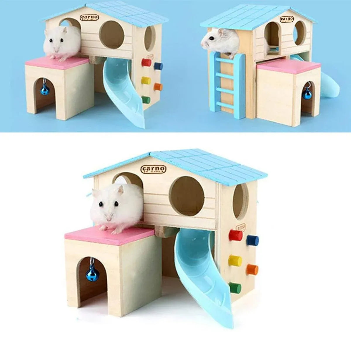 Wooden Small Animal Hideaway House with Slide, Blue, 17.2 × 15.8 × 16.2 cm