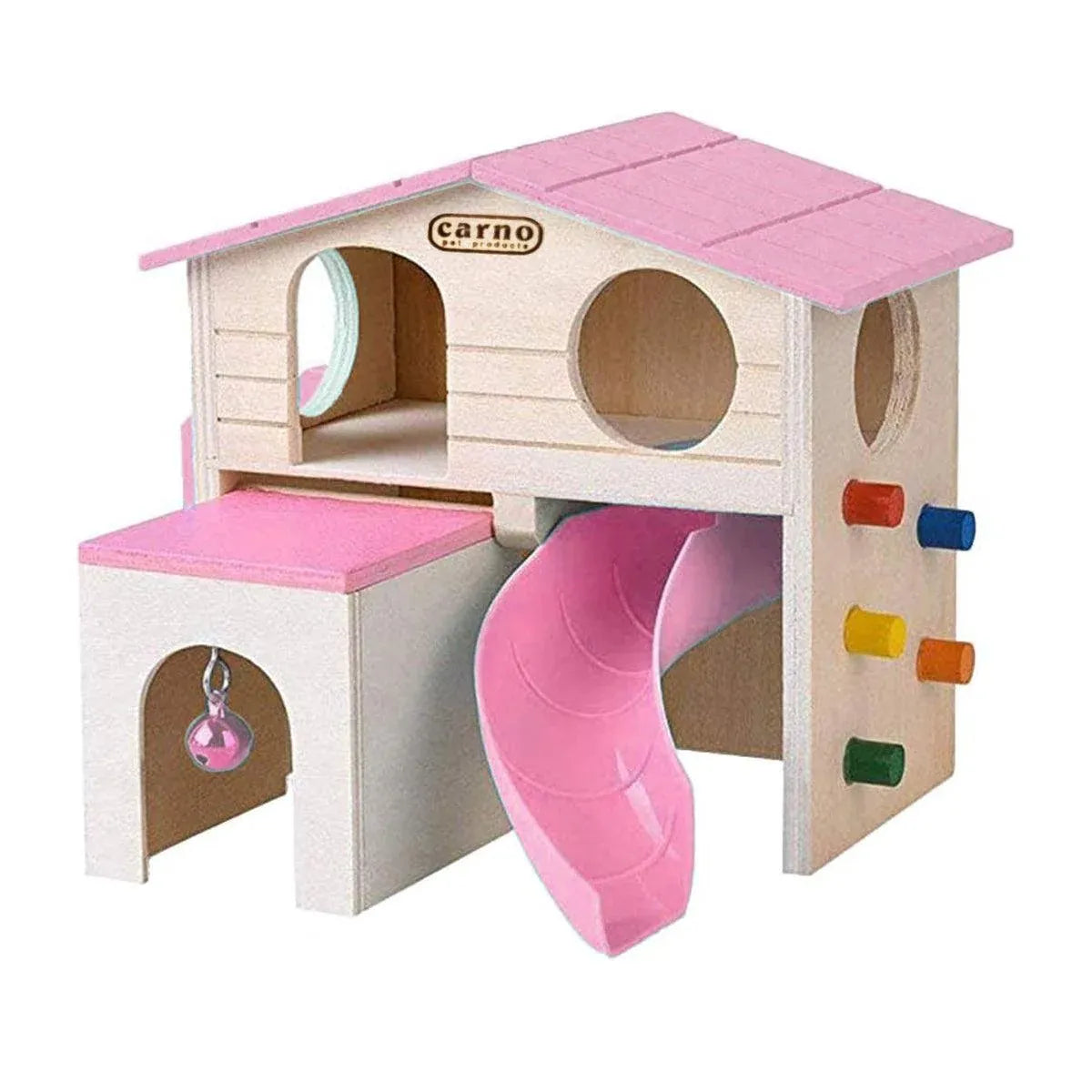 Wooden Small Animal Hideaway House with Slide, Pink, 17.2 × 15.8 × 16.2 cm