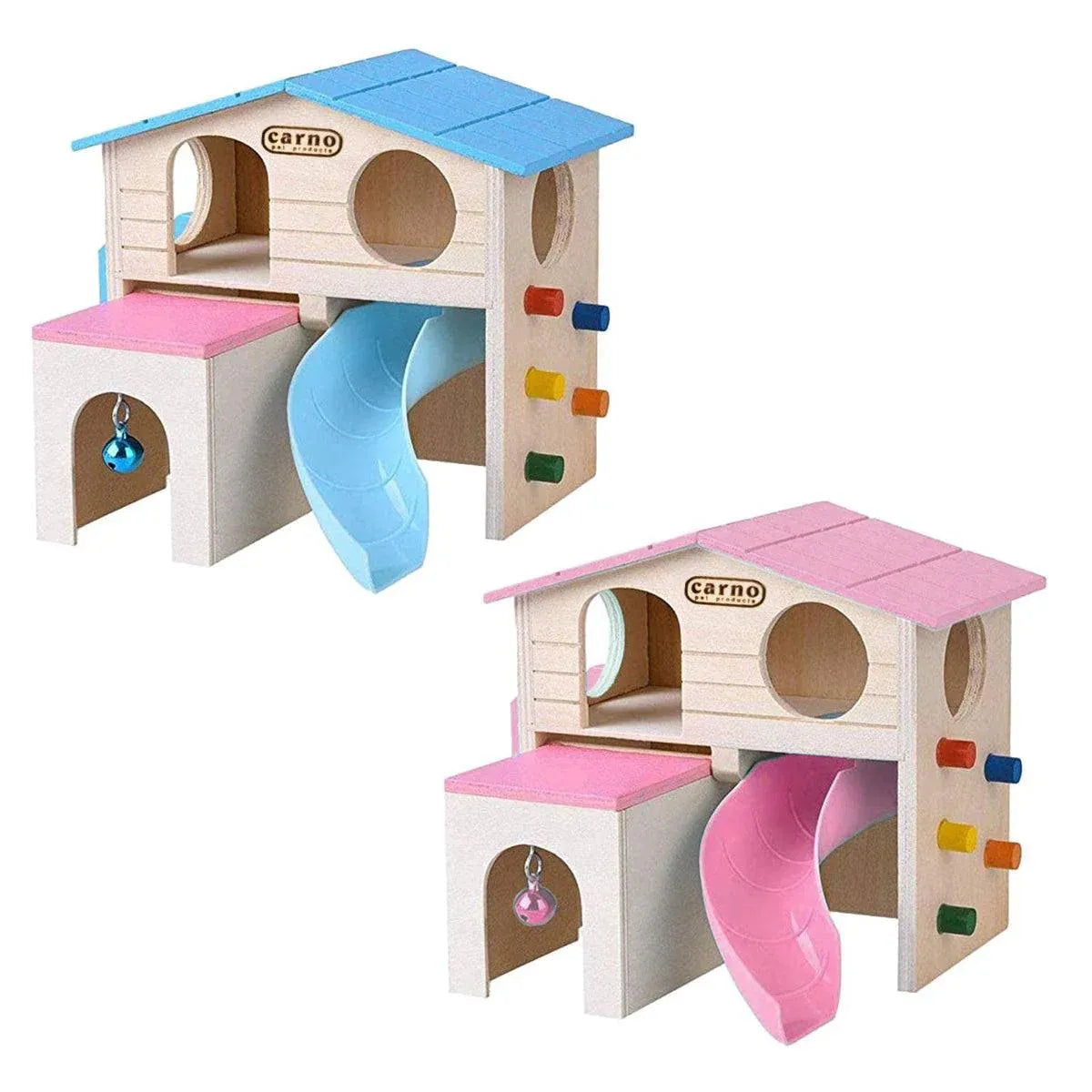 Wooden Small Animal Hideaway House with Slide, Pink, 17.2 × 15.8 × 16.2 cm