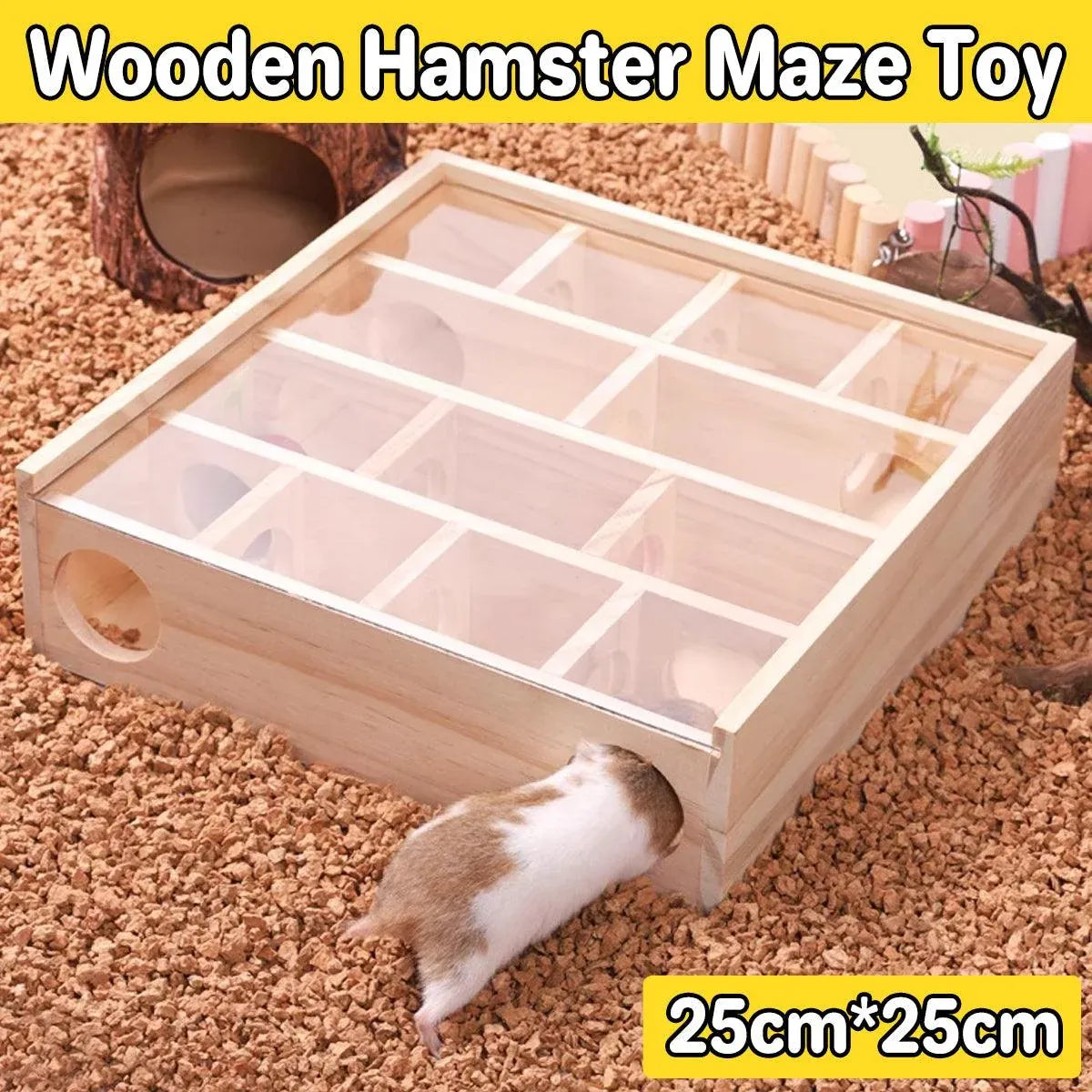 Wooden 16-Hole Small-Pet Maze & Tunnel Board - 25 × 25 cm