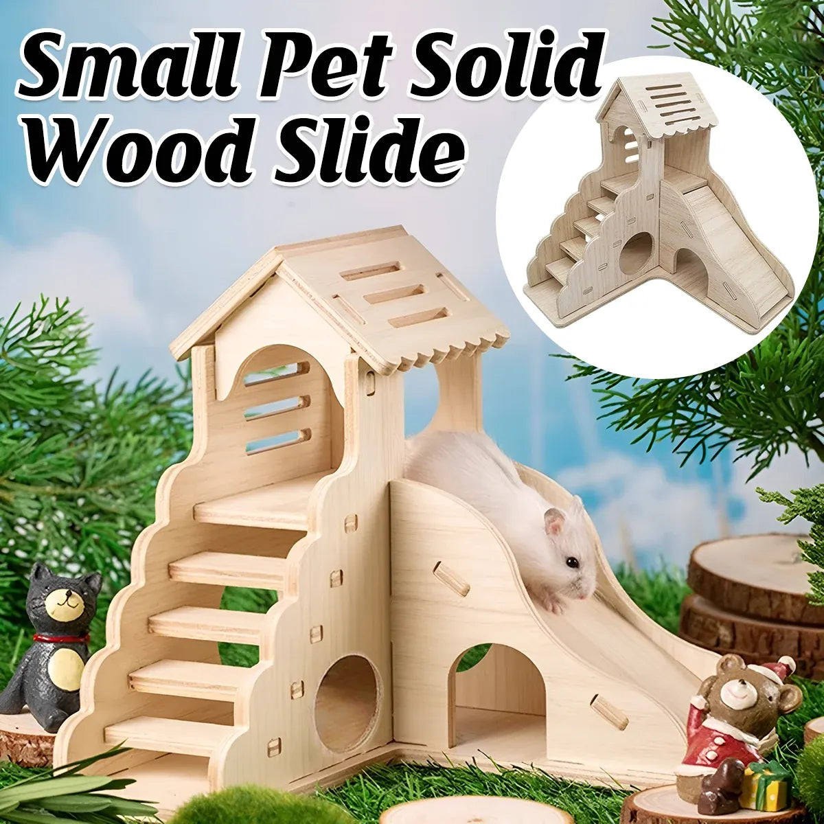 Wooden Hamster Play Villa with Slide & Steps - 17 × 17 × 16.6 cm