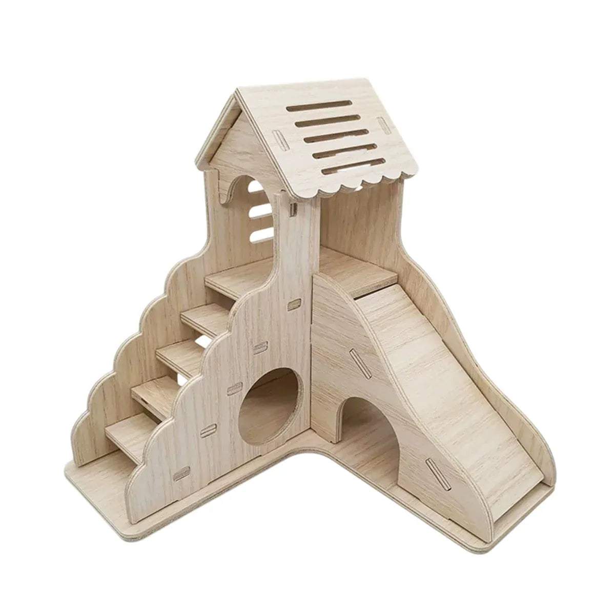 Wooden Hamster Play Villa with Slide & Steps - 17 × 17 × 16.6 cm