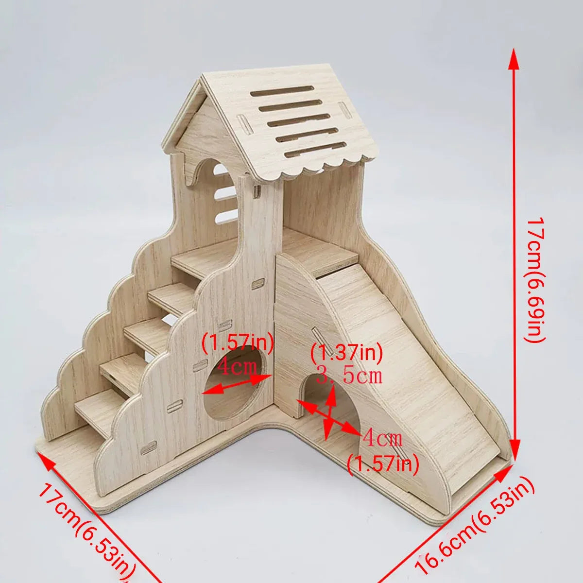 Wooden Hamster Play Villa with Slide & Steps - 17 × 17 × 16.6 cm