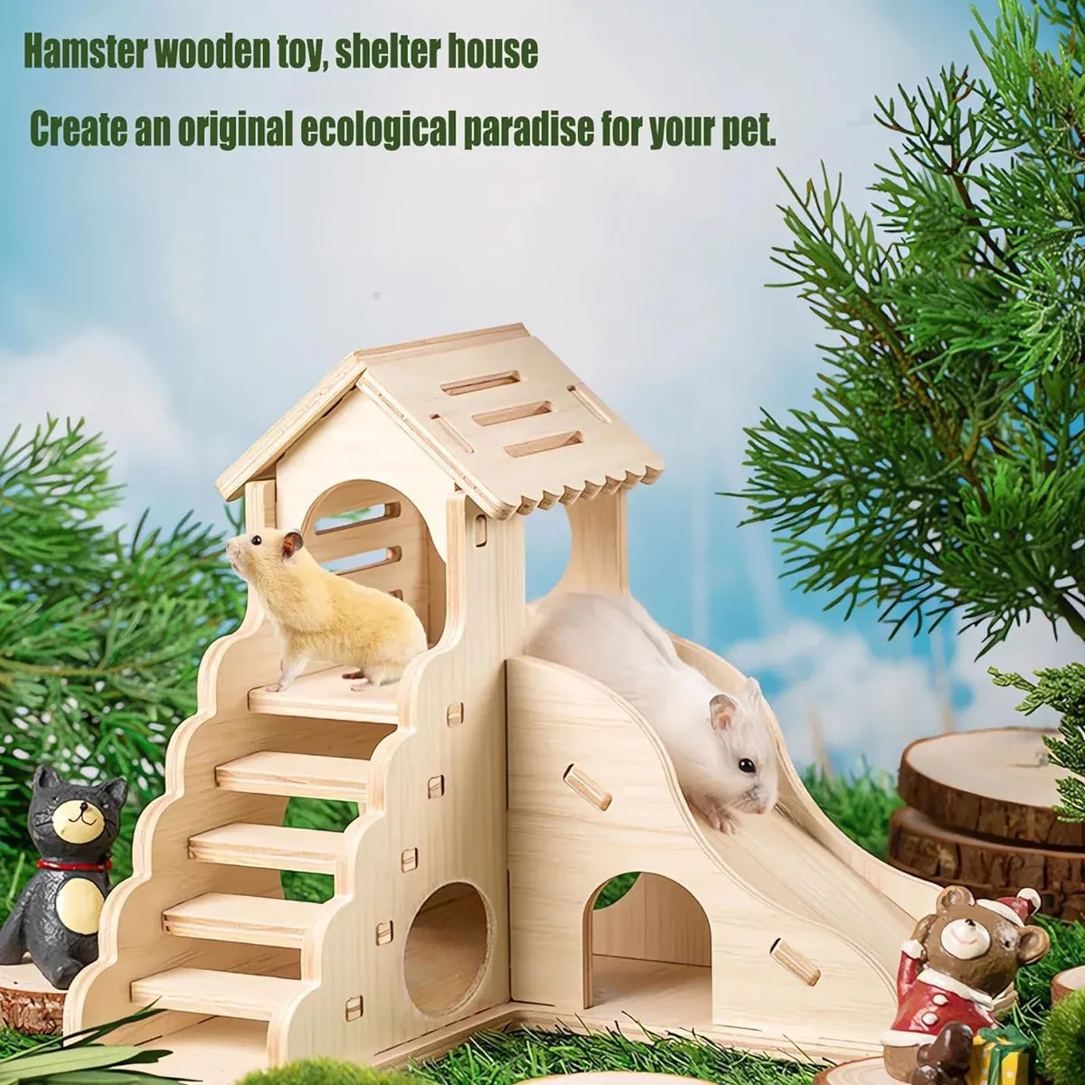 Wooden Hamster Play Villa with Slide & Steps - 17 × 17 × 16.6 cm