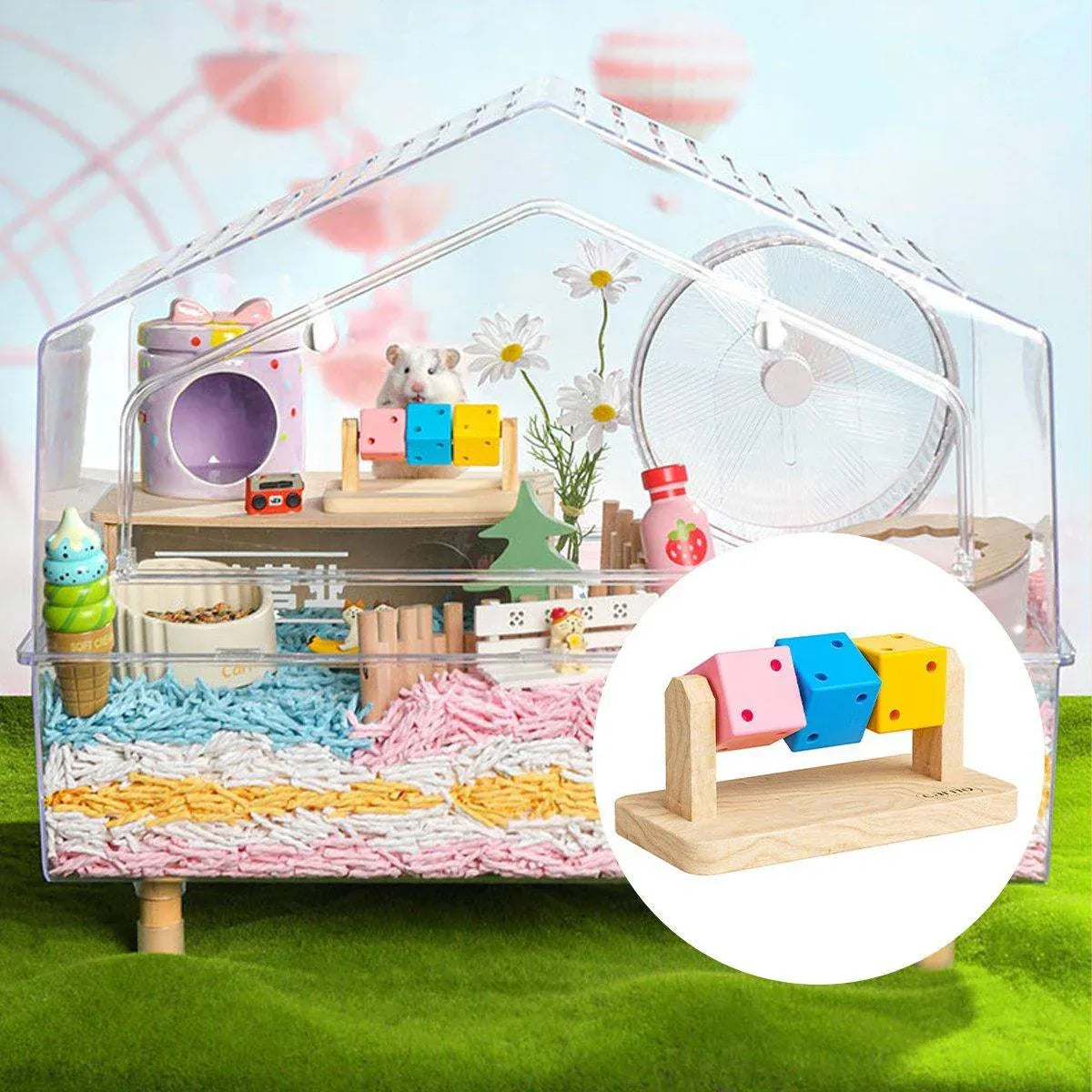 Rotating Wooden Hamster Activity Cube - 14 × 7 × 6 cm