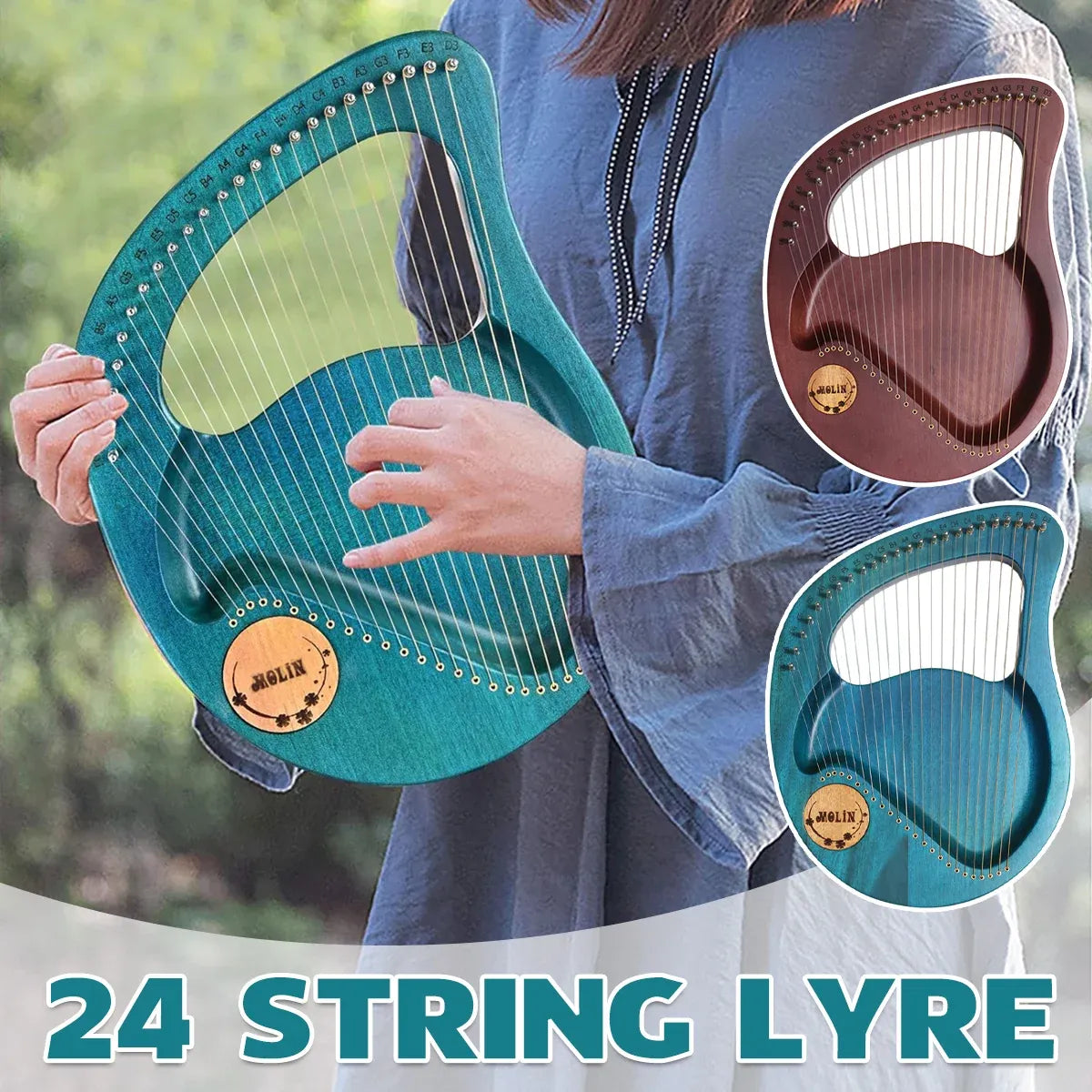 Solid Wood Veneer Laiya 24-String Harp Basic Model Beginner Music Instrument - Emerald Green — product image 2