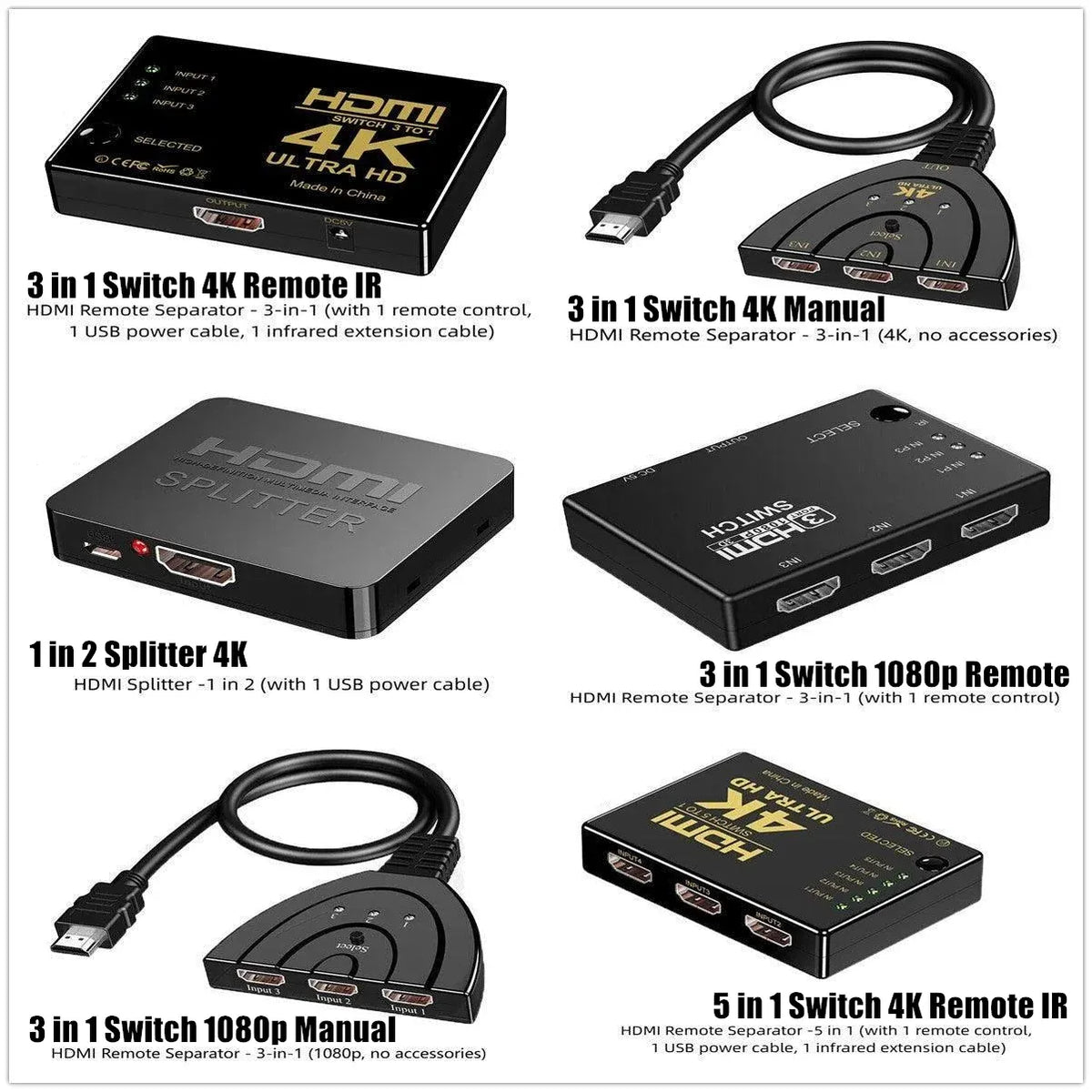 HDMI Switch Splitter 3-in-1 5-in-1 or 1-in-2 1080p 4K Manual or Remote Options - 3 in 1 Switch 4K Remote IR — product image 4