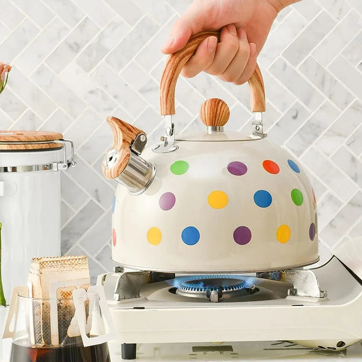 3 L Polka-Dot Stainless Steel Whistling Stovetop Kettle
