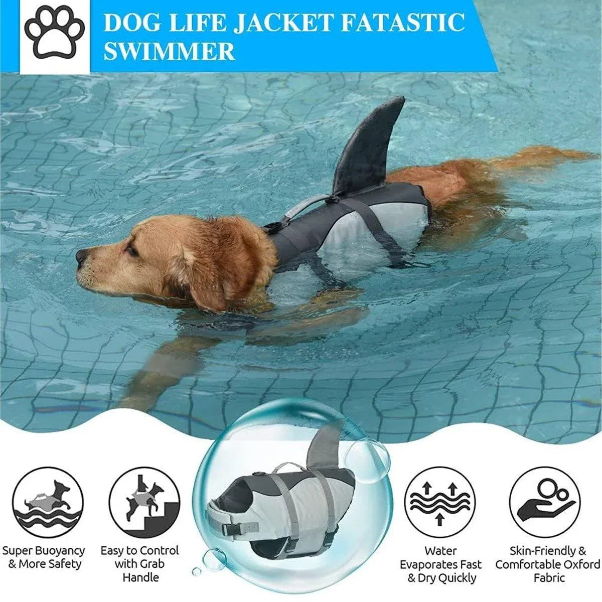 Shark-Fin Dog Swim Flotation Vest with Handle – Grey – L – supplier product photograph 10 of 13