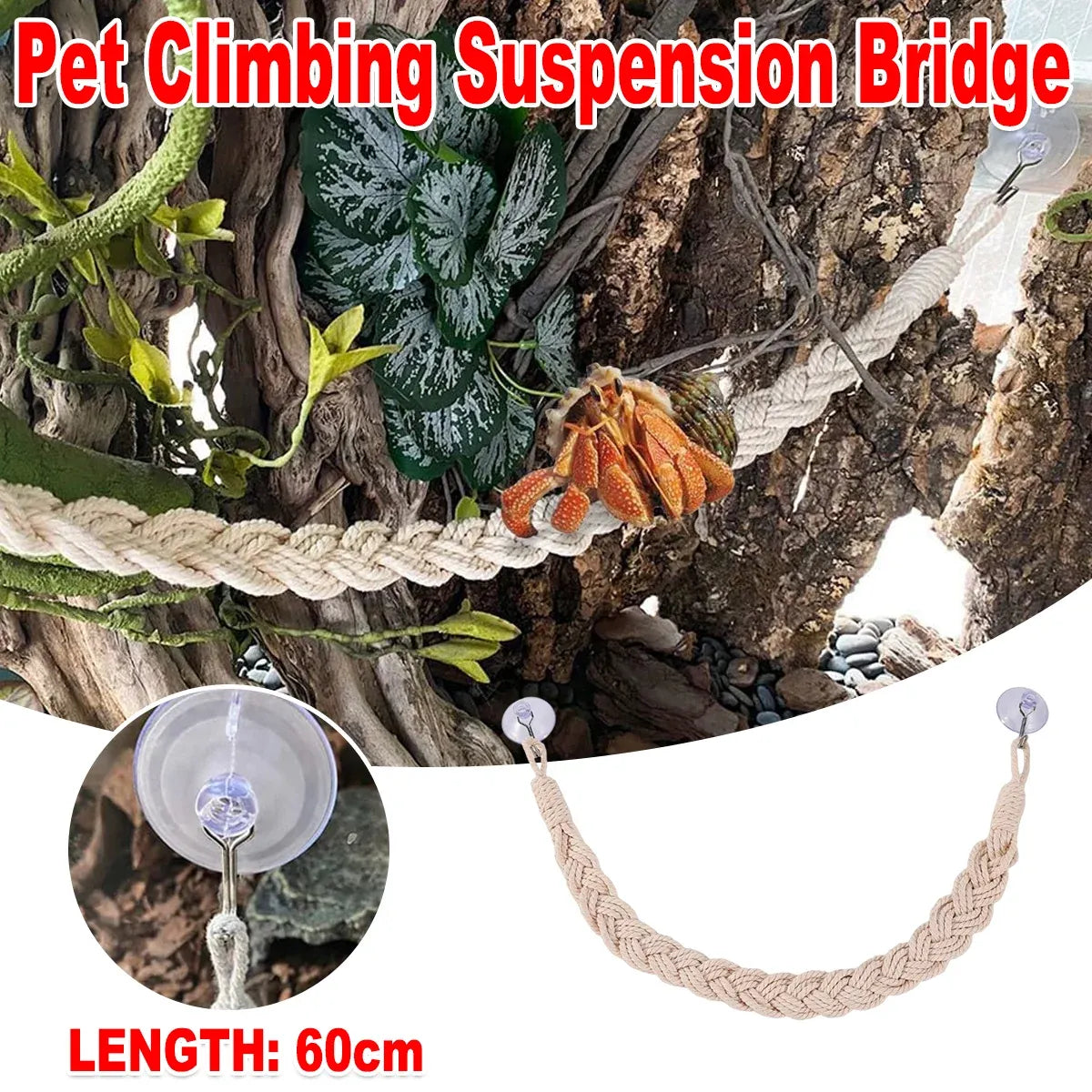Rope Suspension Bridge with Suction Cups for Terrariums - 60 cm