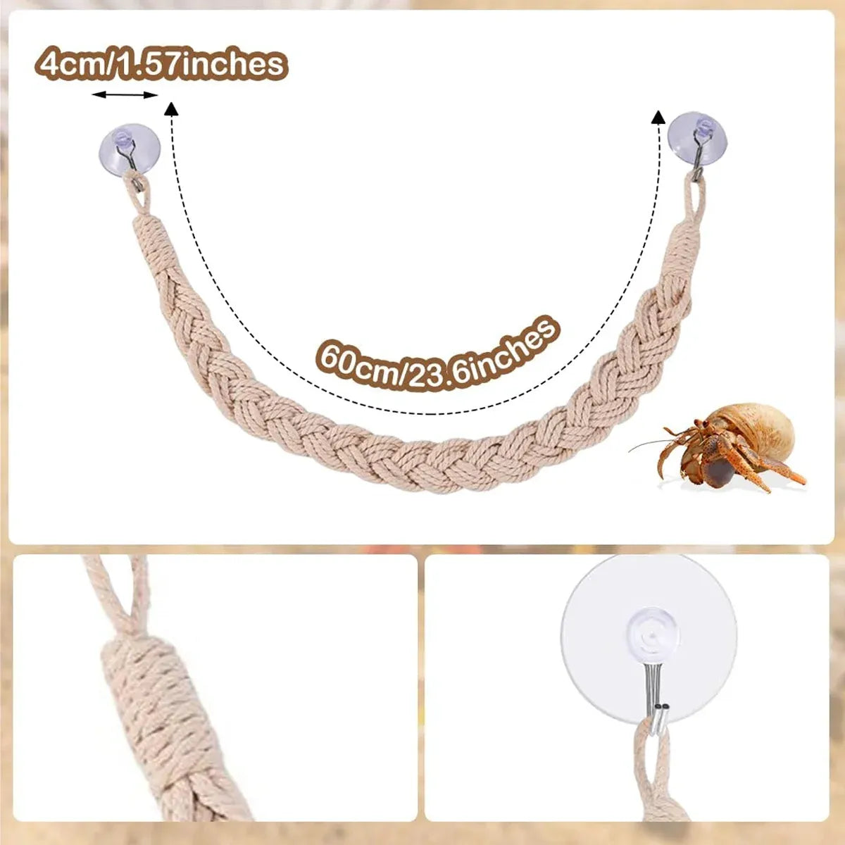 Rope Suspension Bridge with Suction Cups for Terrariums - 60 cm