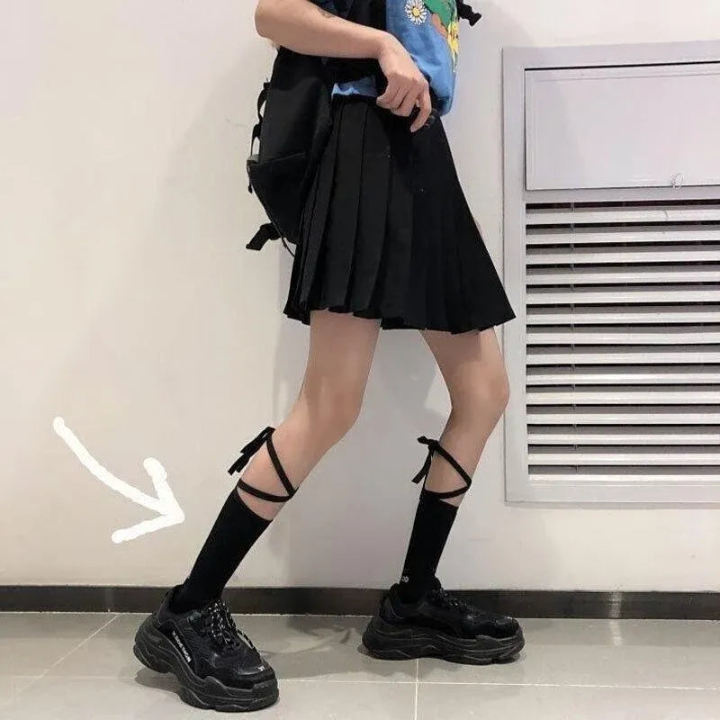 Cross-Tie Women Lolita Socks Bandage Stockings Korean Style Middle Tube Socks - Black+Black