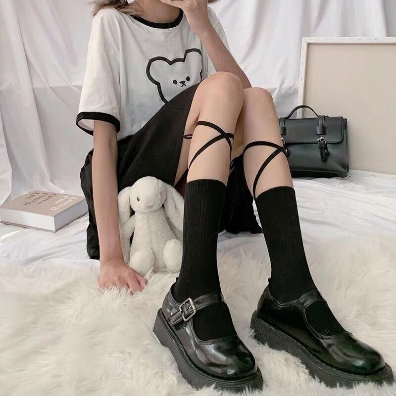 Cross-Tie Women Lolita Socks Bandage Stockings Korean Style Middle Tube Socks - Black+Black