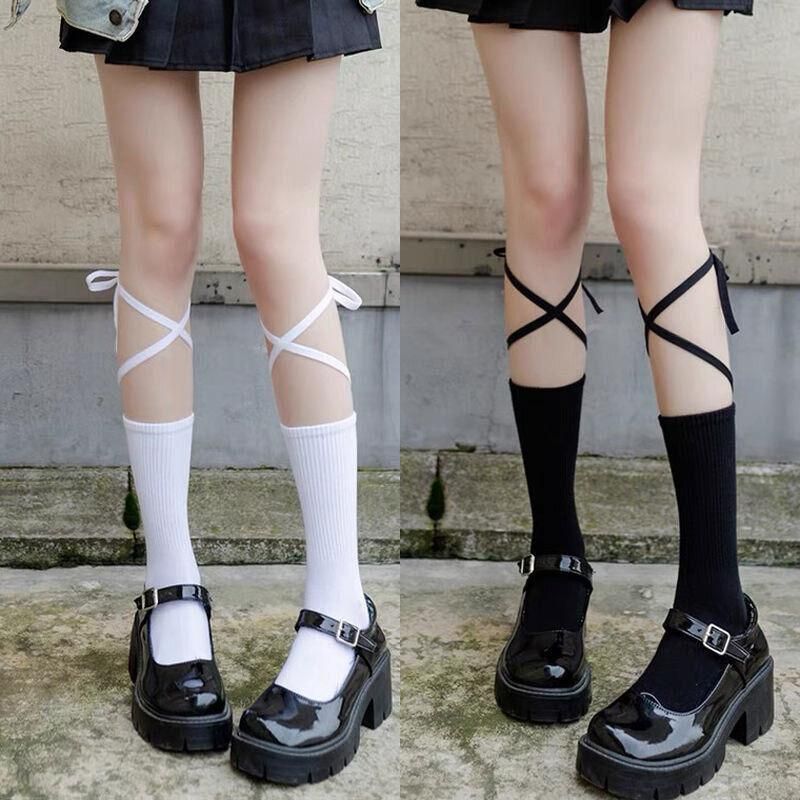 Cross-Tie Women Lolita Socks Bandage Stockings Korean Style Middle Tube Socks - Black+Black