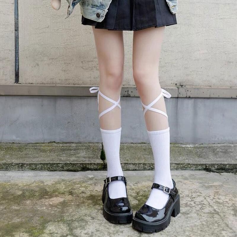 Cross-Tie Women Lolita Socks Bandage Stockings Korean Style Middle Tube Socks - Black+Black