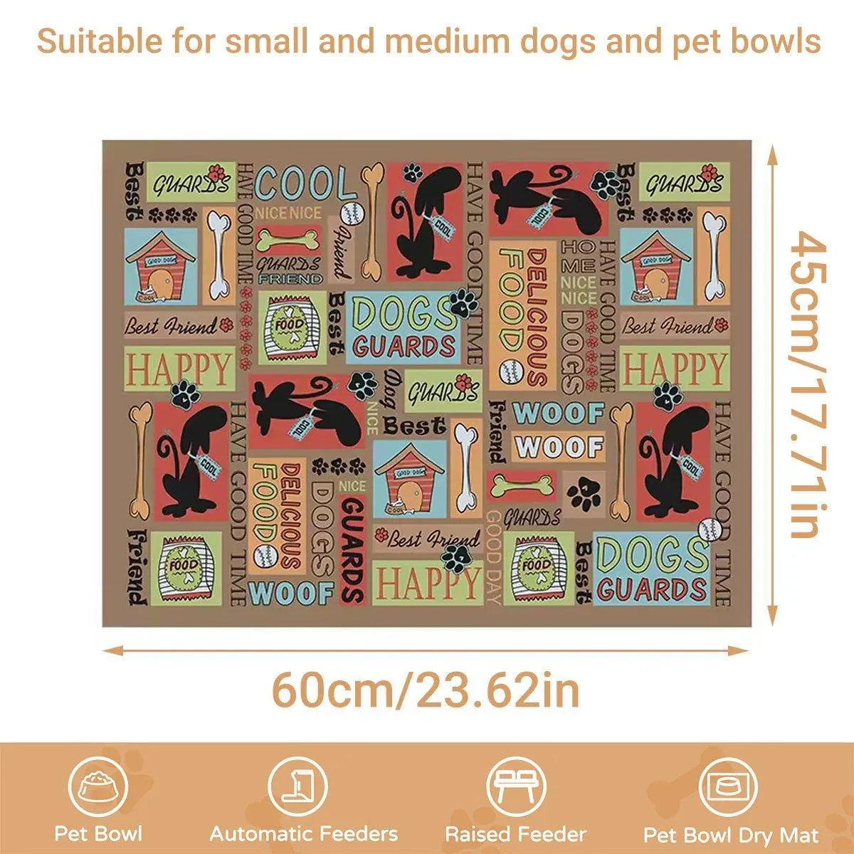 Non-Slip Washable Pet Bowl Feeding Floor Mat - Brown Dog Design, 45 × 60 cm