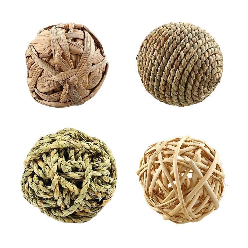 Woven Grass & Rattan Small Pet Chew Balls, 4-Pack - Approx. 7 cm