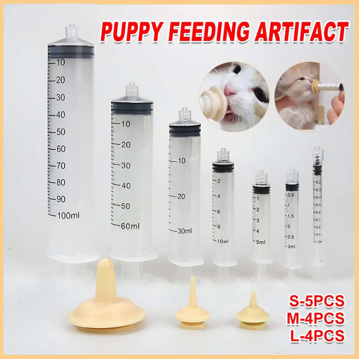 Puppy & Kitten Feeding Syringe & Silicone Nipple Set - Medium, 4 Pieces