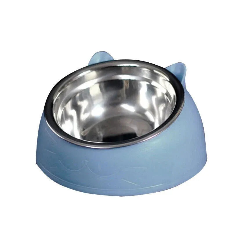 Raised Tilted Stainless Steel Pet Feeding Bowl - Blue