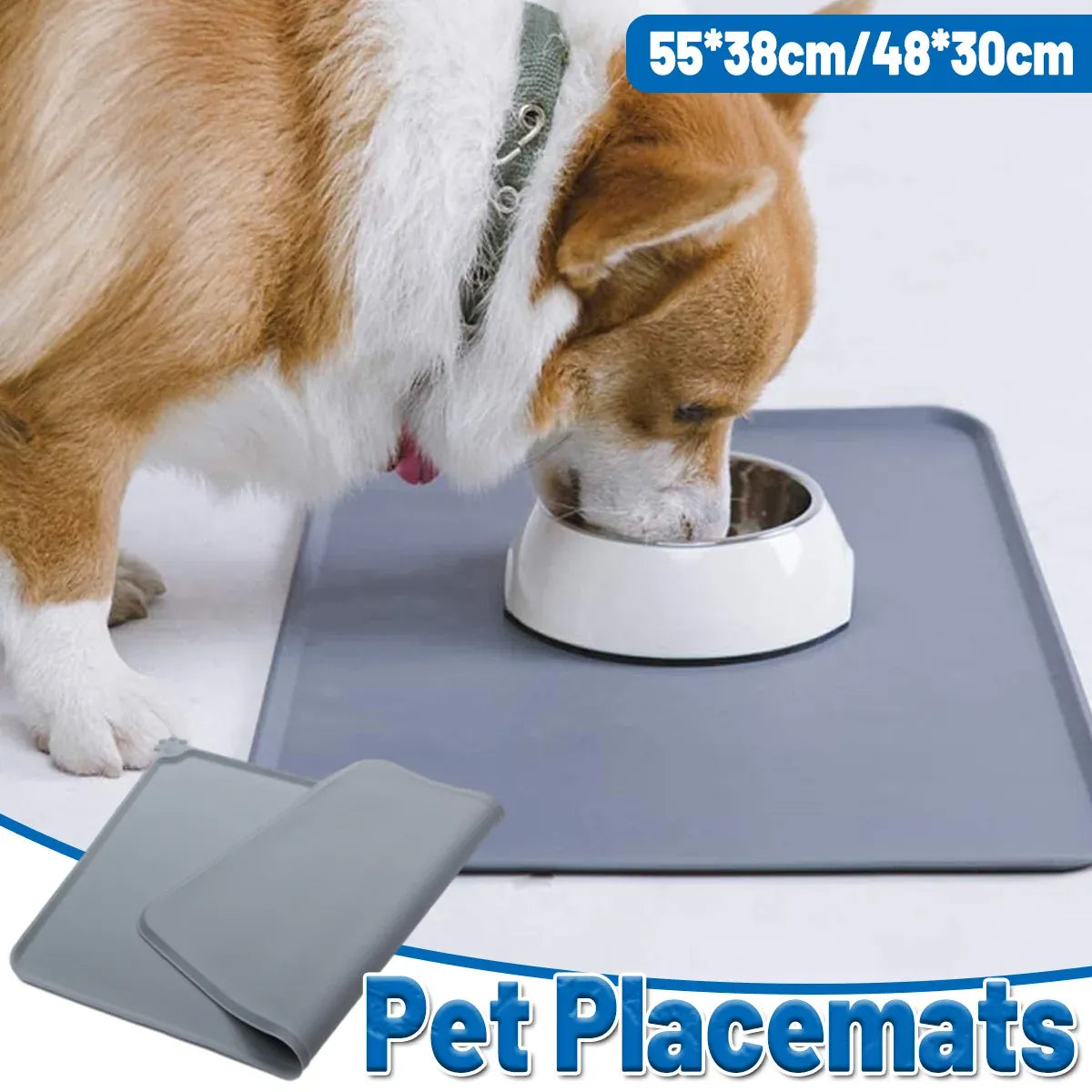 Silicone Feeding Bowl Mat with Raised Edges - Grey, 55 × 38 cm