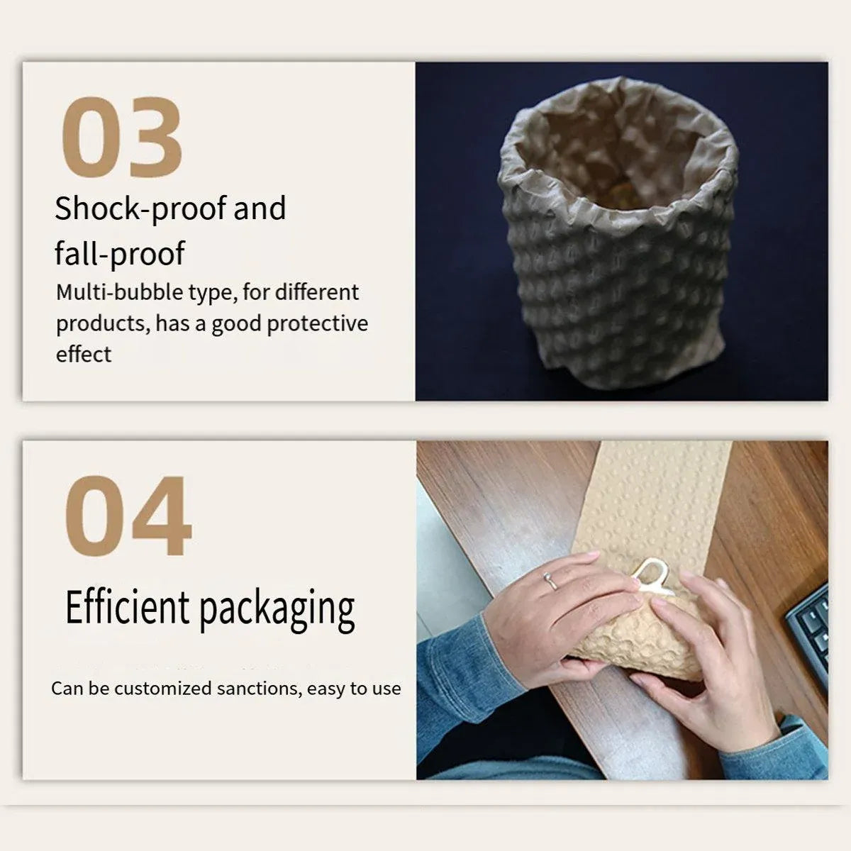 Cowhide Pressure Bubble Paper Roll Shock Absorbing Biodegradable Cushioning Wrap - 28x50m — product photo 6
