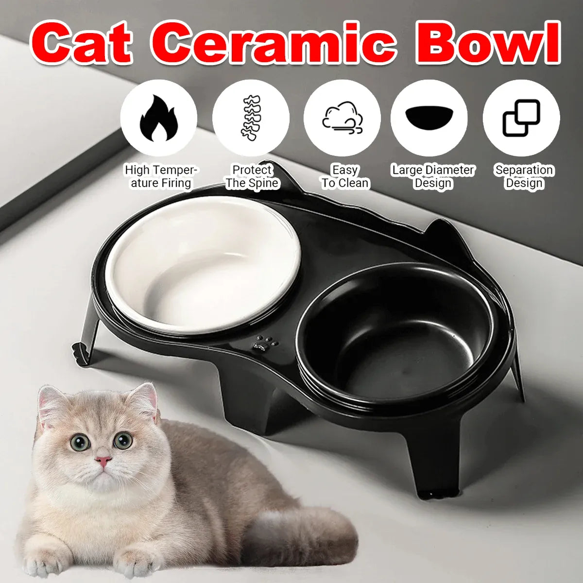 Raised Ceramic Double Pet Feeding Bowl Set with Stand - 28 cm