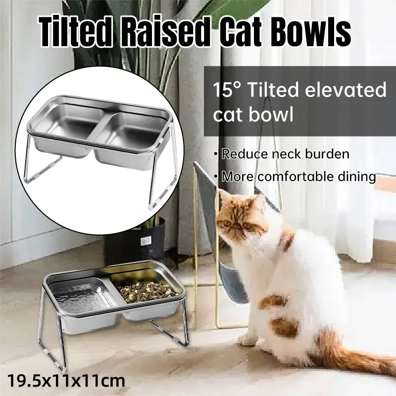 Raised Double Stainless-Steel Cat & Dog Feeding Bowls with Stand