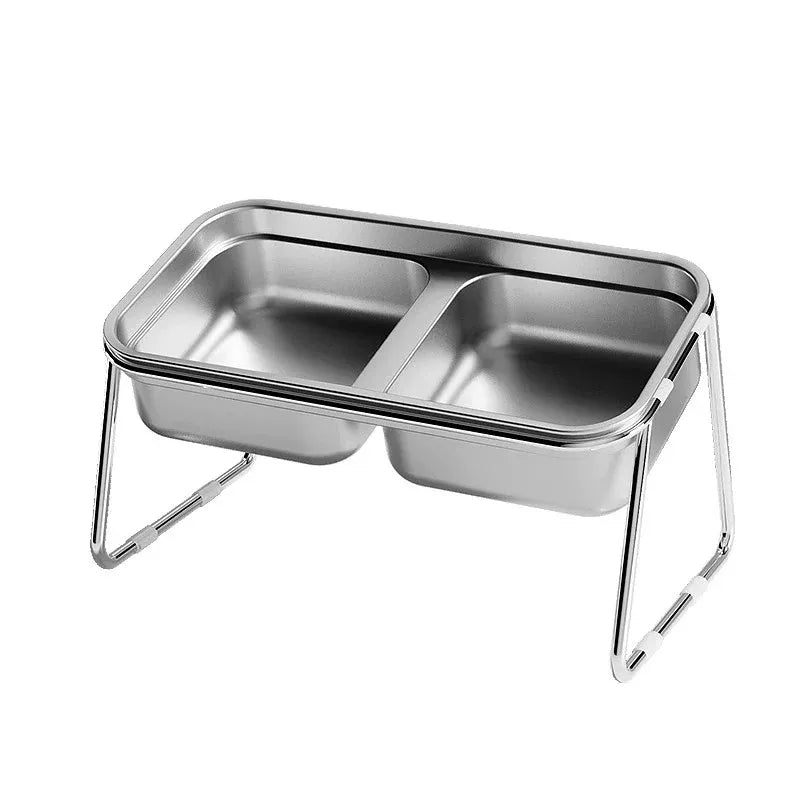 Raised Double Stainless-Steel Cat & Dog Feeding Bowls with Stand