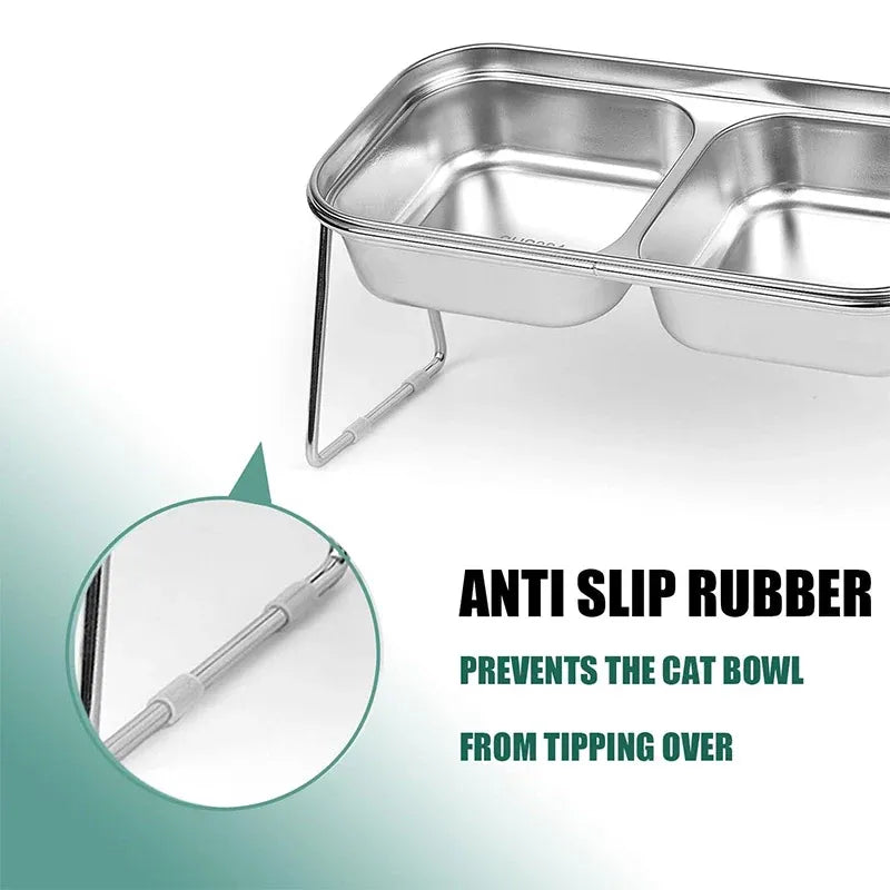 Raised Double Stainless-Steel Cat & Dog Feeding Bowls with Stand