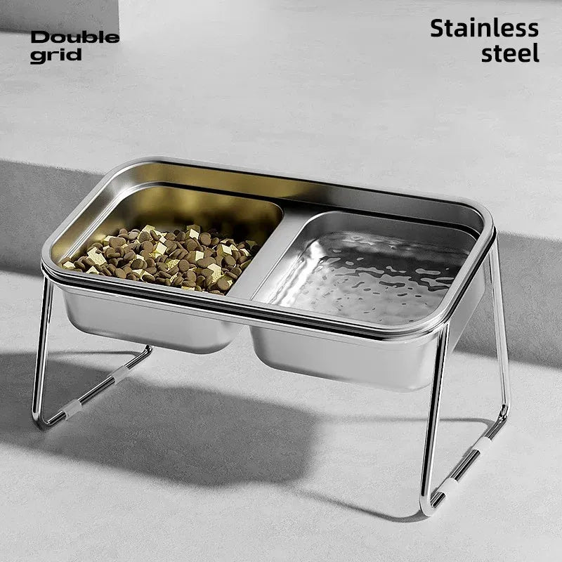 Raised Double Stainless-Steel Cat & Dog Feeding Bowls with Stand